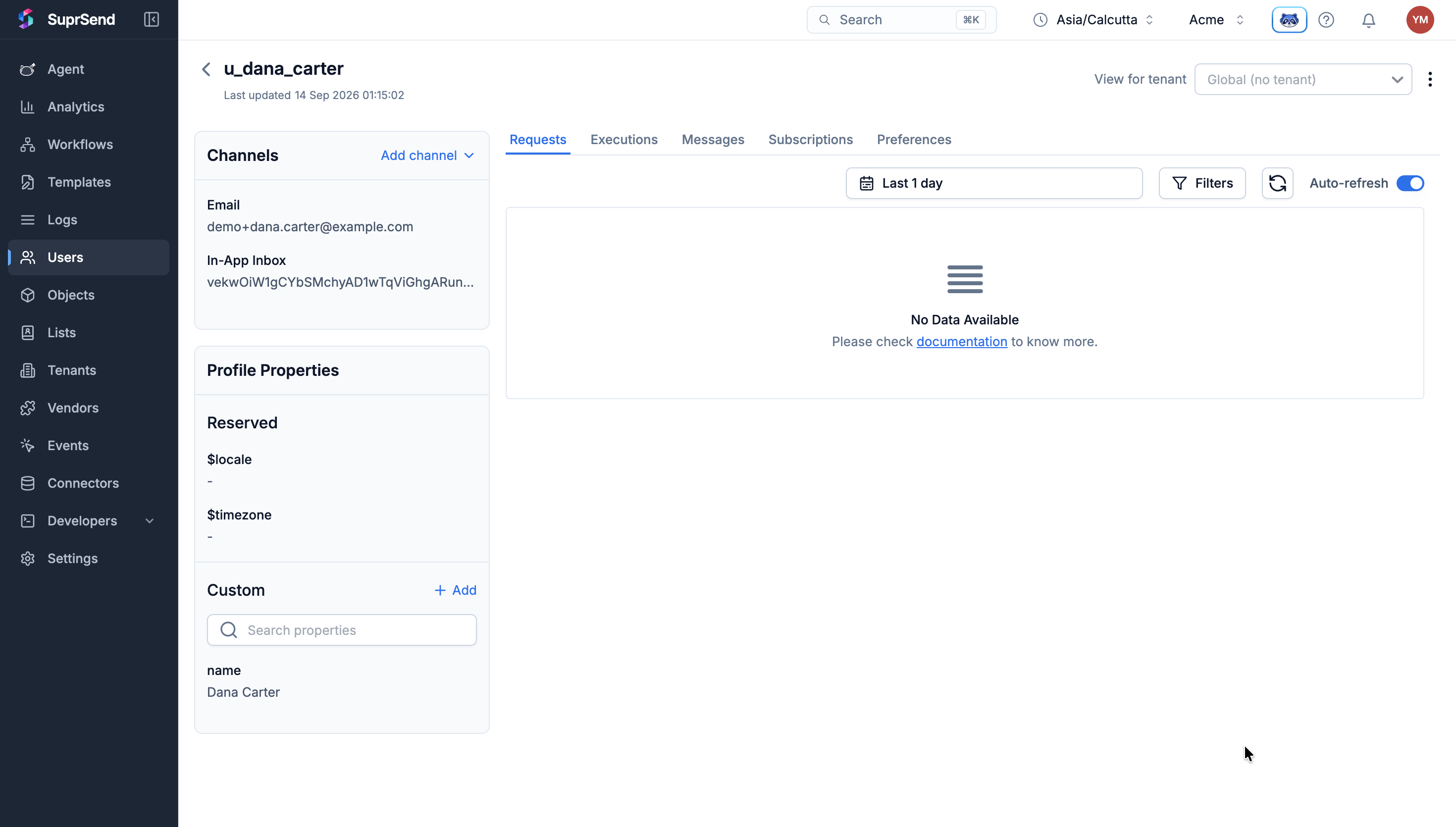SuprSend dashboard user u_dana_carter with an email channel, an in-app inbox channel and a custom name property set to Dana Carter