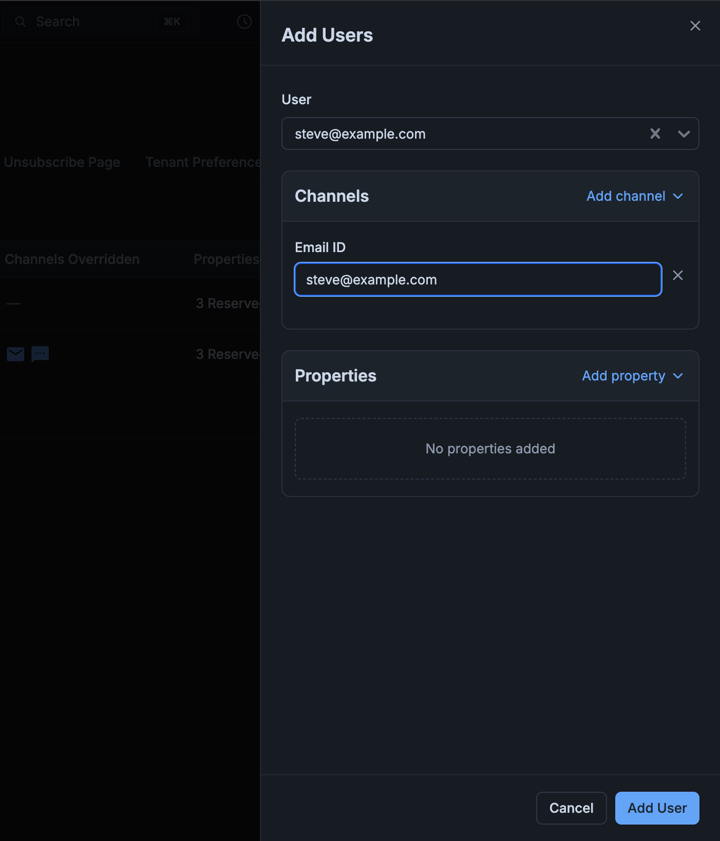 Add Users side sheet — pick user, override channels, and add properties for the tenant