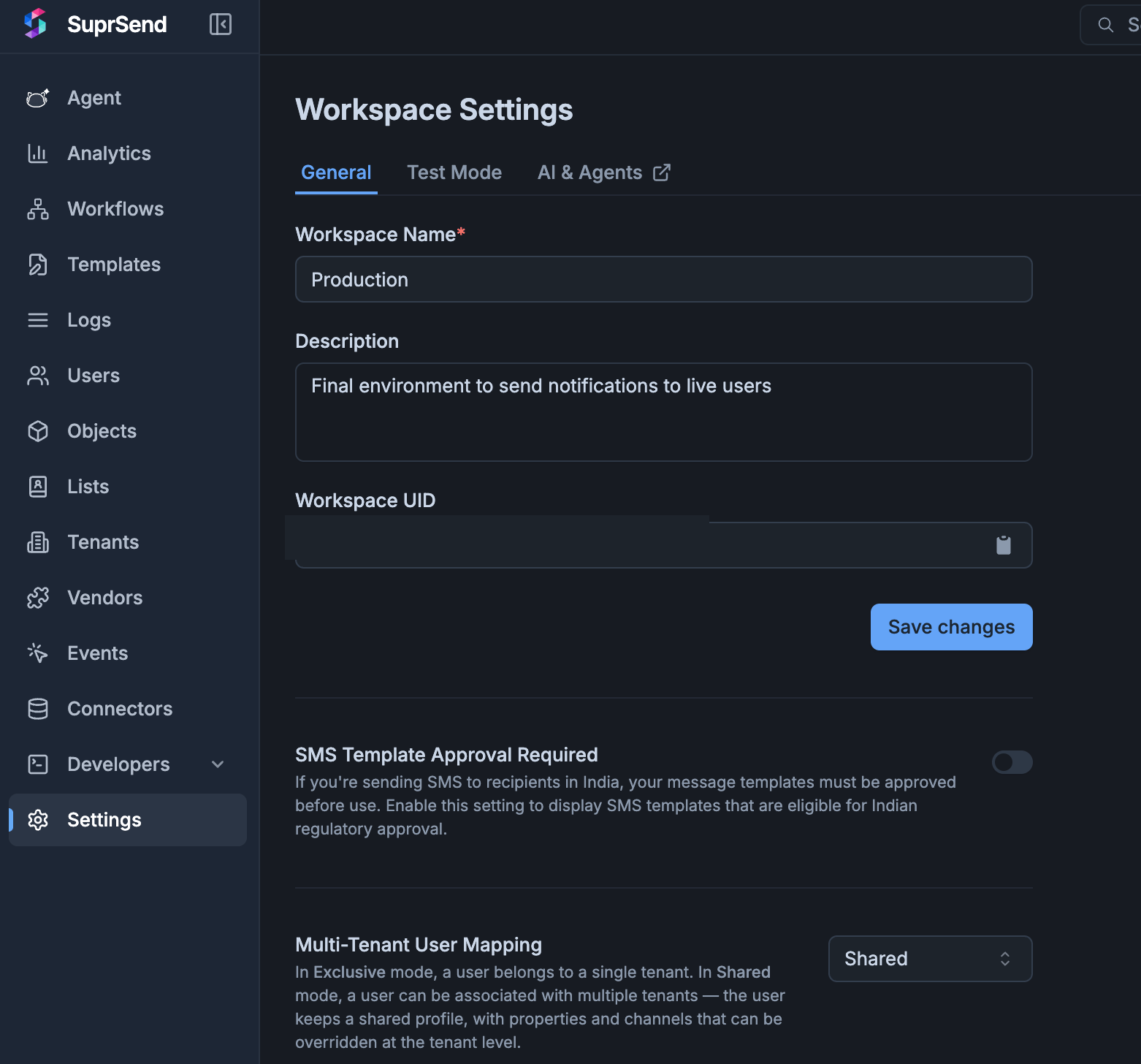 Workspace Settings — General tab, Multi-Tenant User Mapping dropdown set to Shared