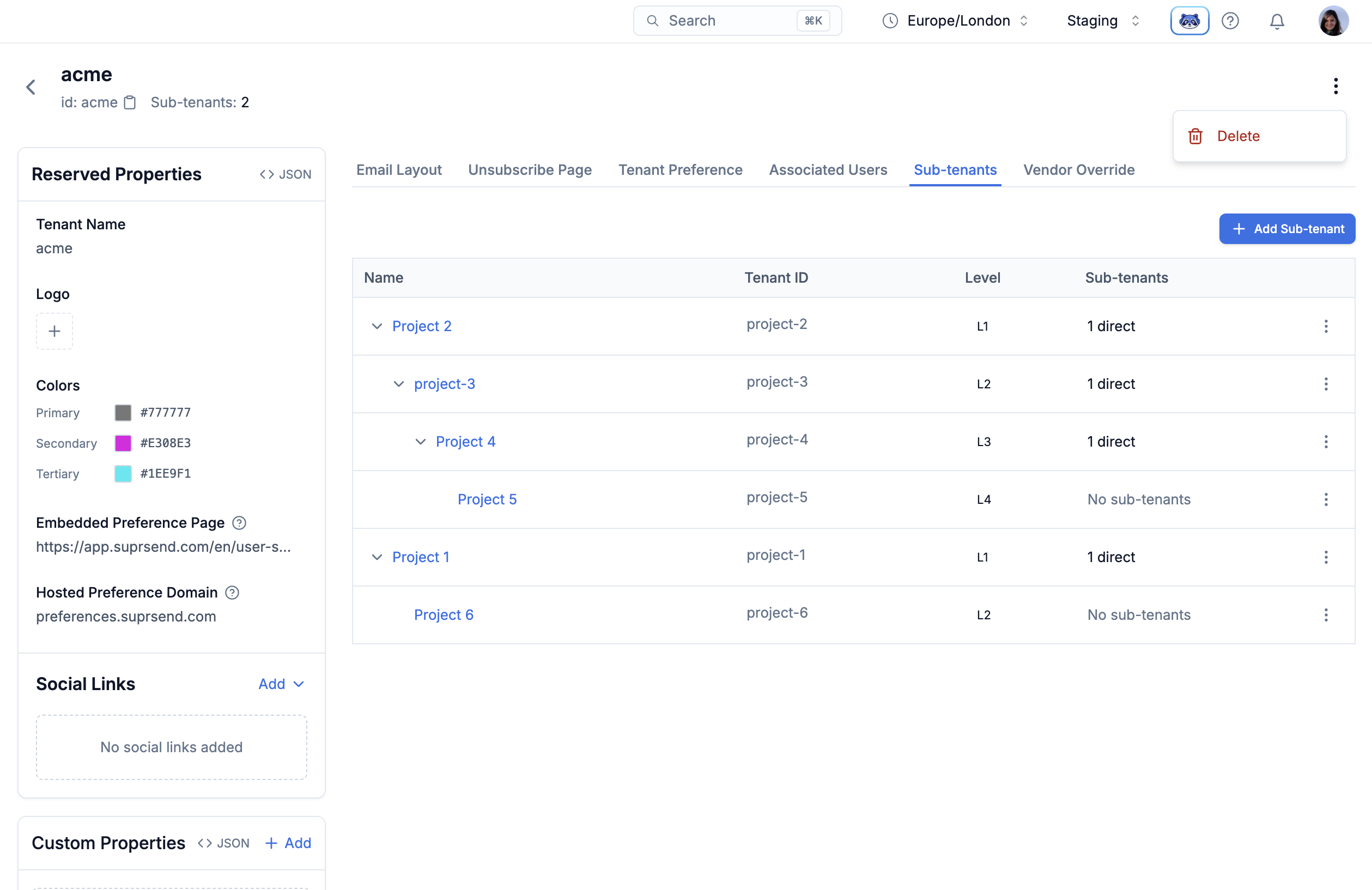 Sub-tenants tab row with the Delete action open