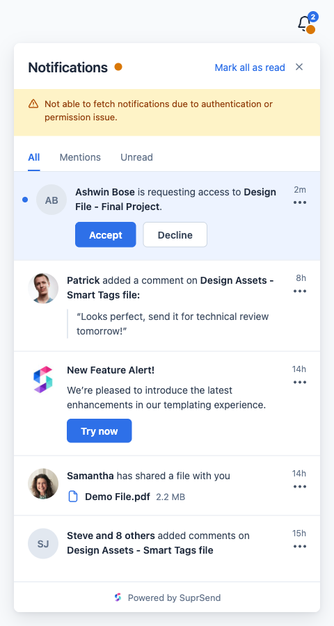 Inbox with amber authentication error dot and banner