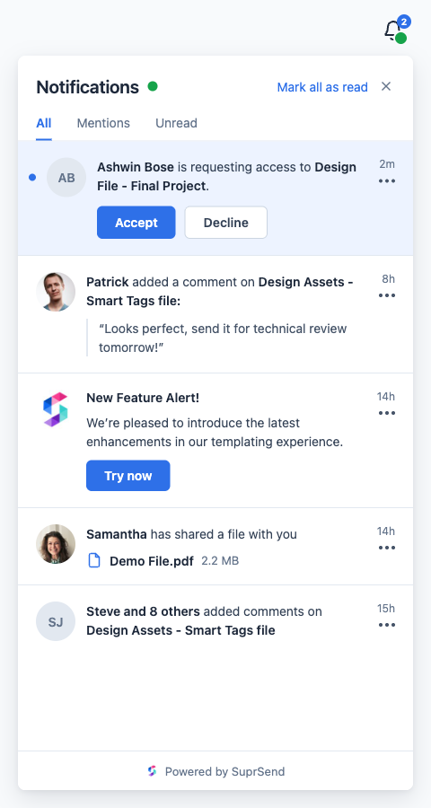Inbox with a green connected dot on the bell and beside the panel title