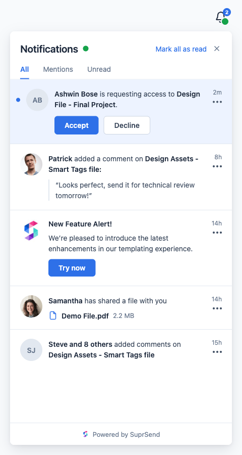 Inbox with a green connected dot on the bell and beside the panel title