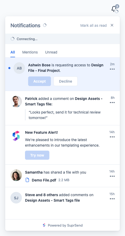 Inbox with a spinner dot and 'Connecting…' banner