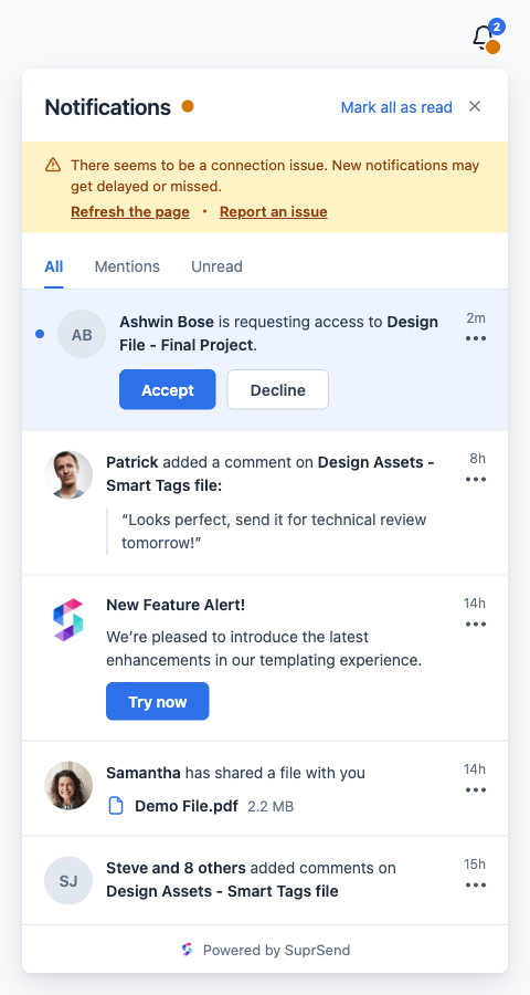 Inbox with amber dot and connection issue banner
