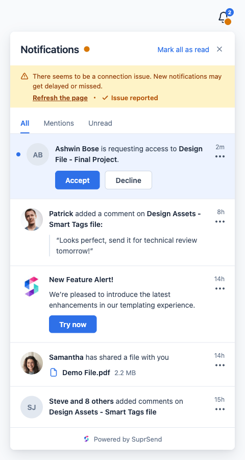 Inbox banner showing 'Issue reported'