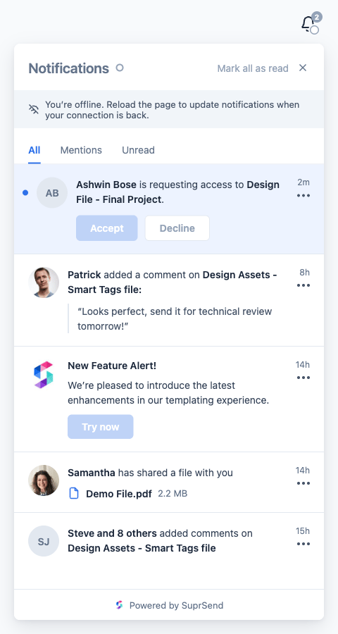Inbox with hollow grey dot and 'You're offline' banner