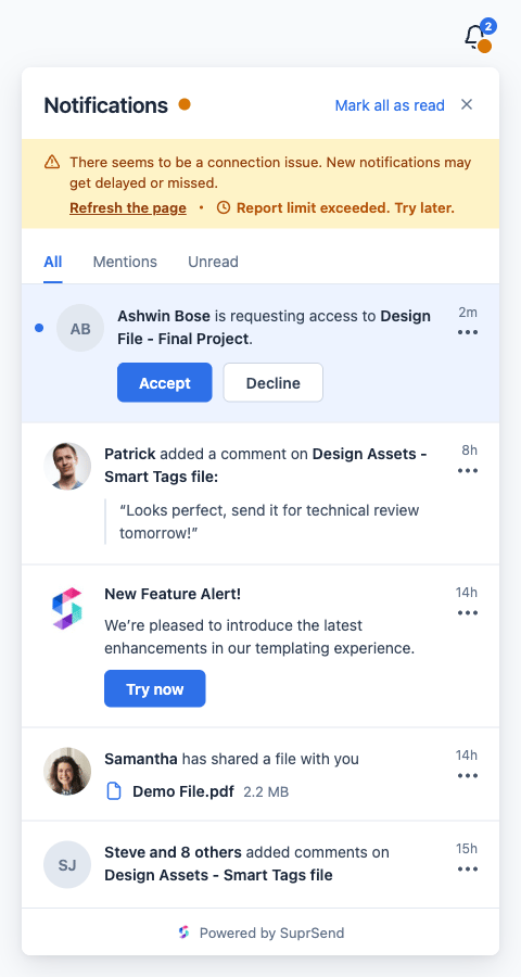 Inbox banner showing 'Report limit exceeded'