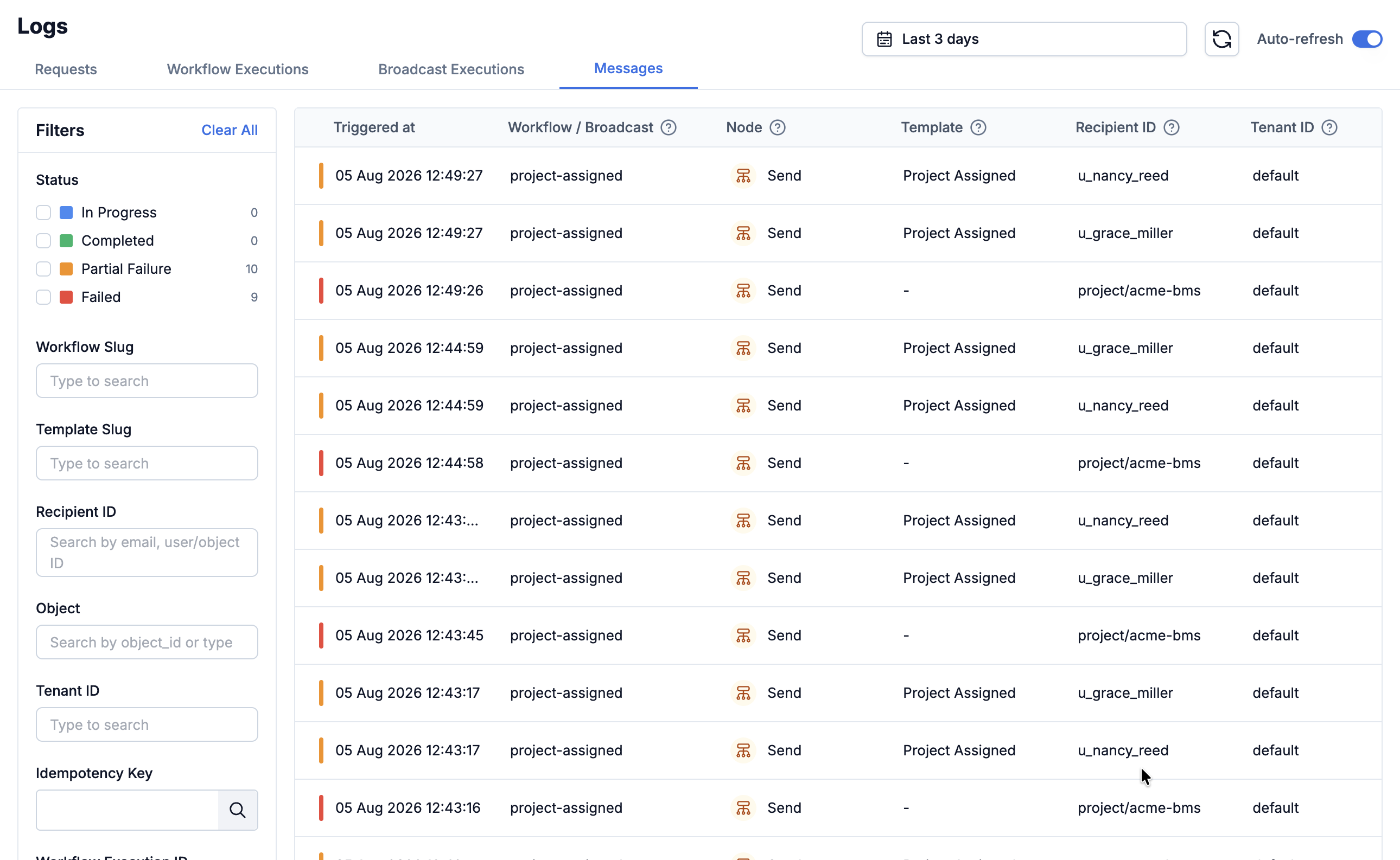 SuprSend logs page on the Messages tab showing per-message status