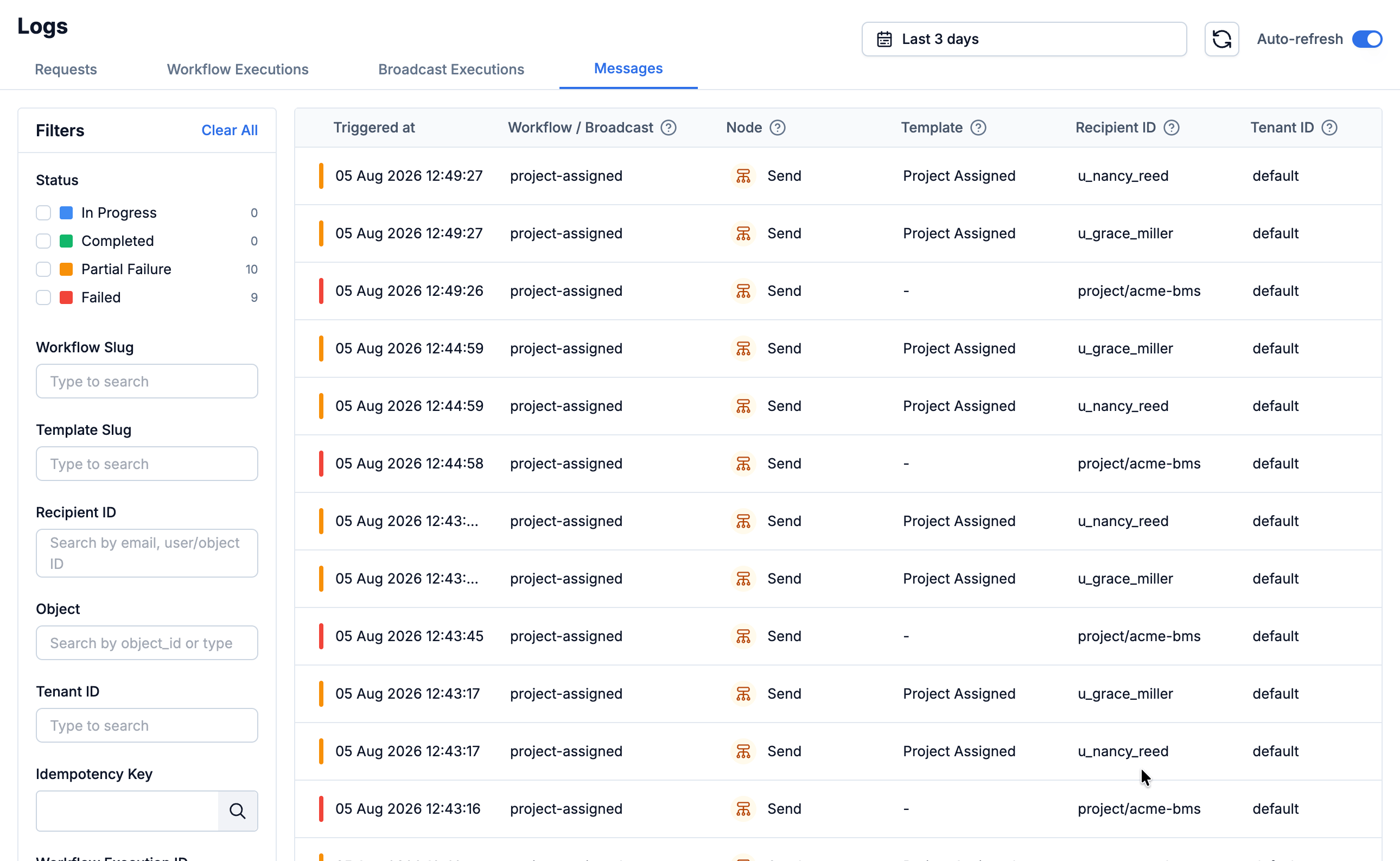 SuprSend logs page on the Messages tab showing per-message status