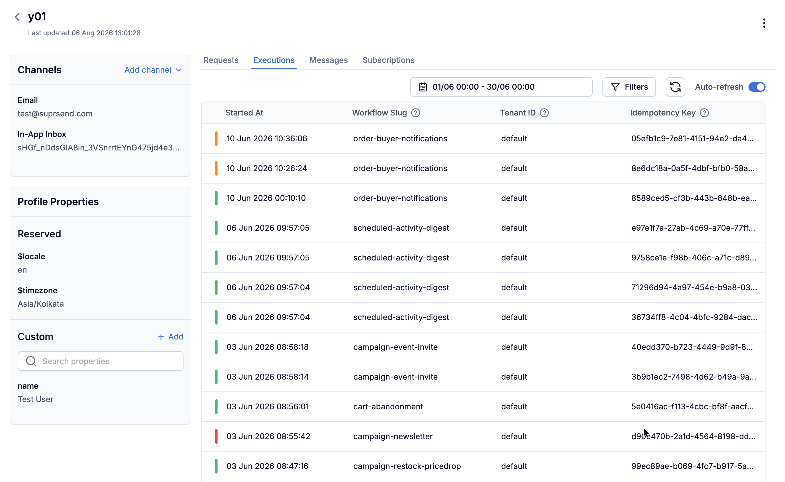 SuprSend user profile showing channel identities and profile properties