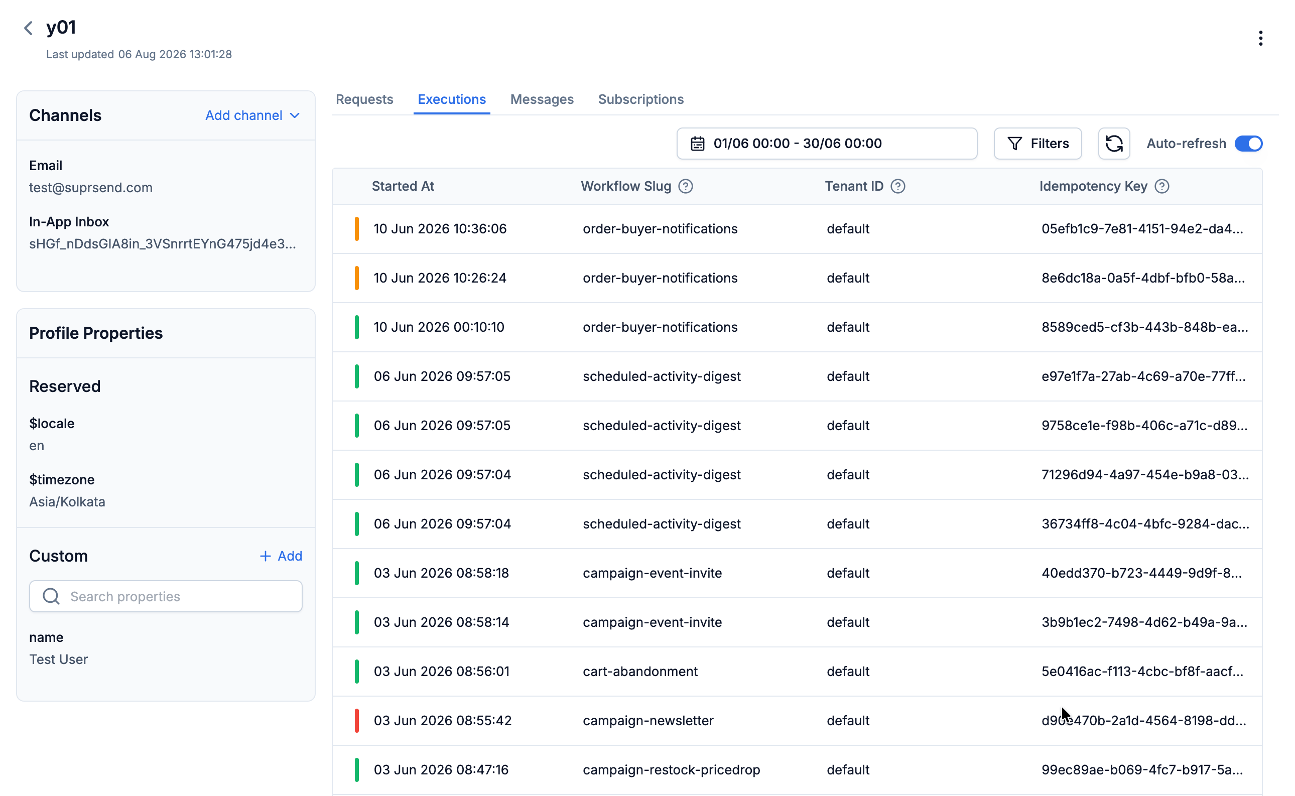 SuprSend user profile showing channel identities and profile properties