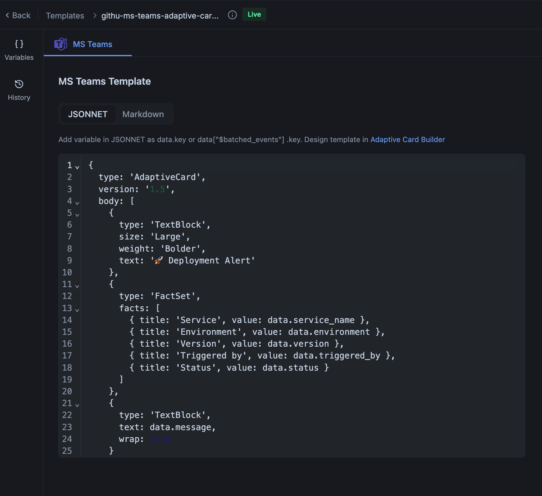 MS Teams template producing an Adaptive Card for a Workflows webhook