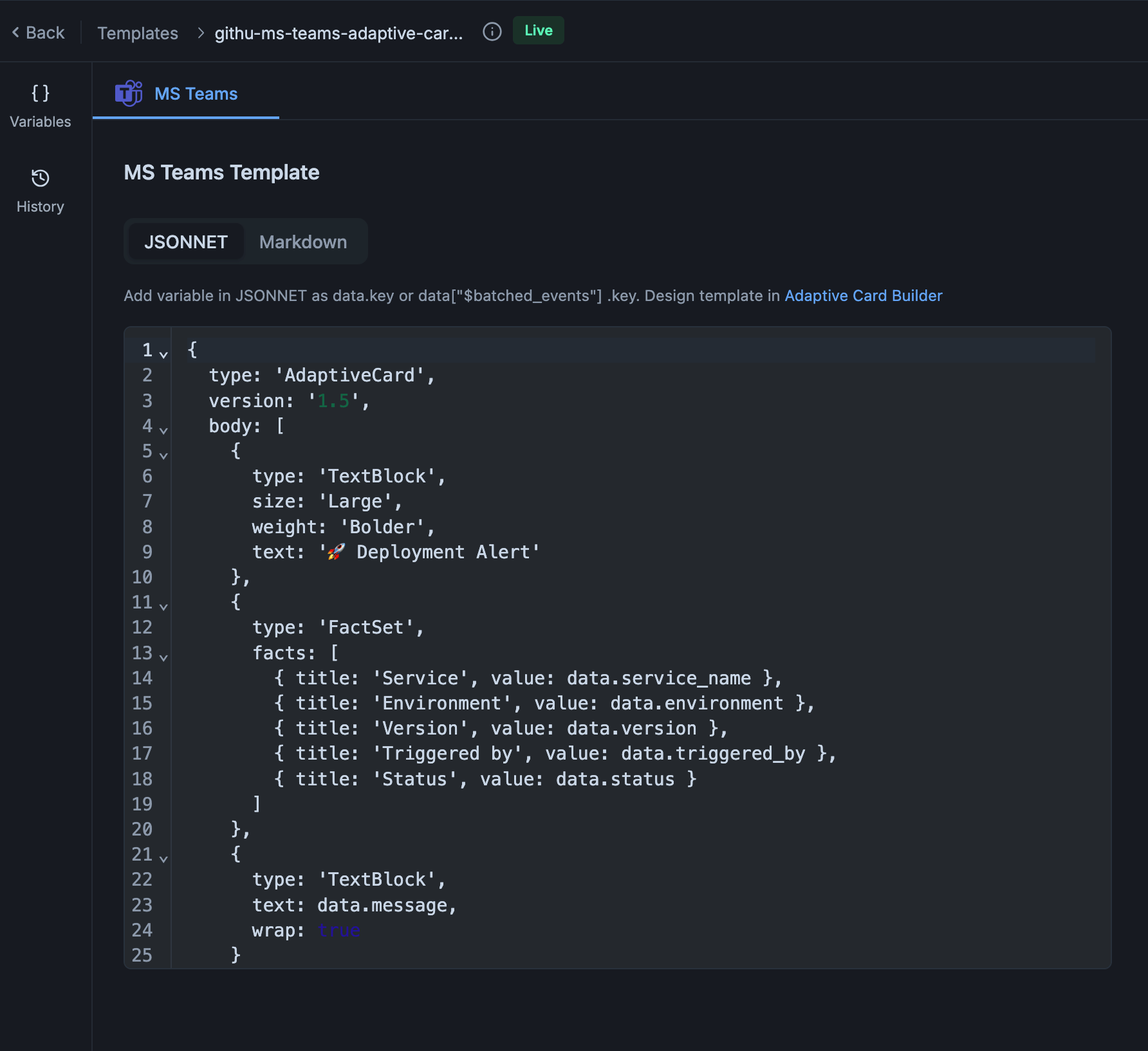 MS Teams template producing an Adaptive Card for a Workflows webhook