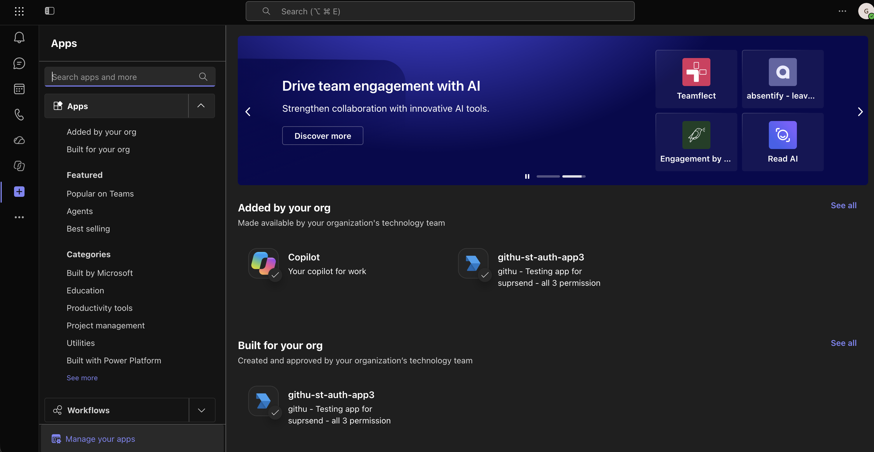 Teams Apps page showing the app under Added by your org