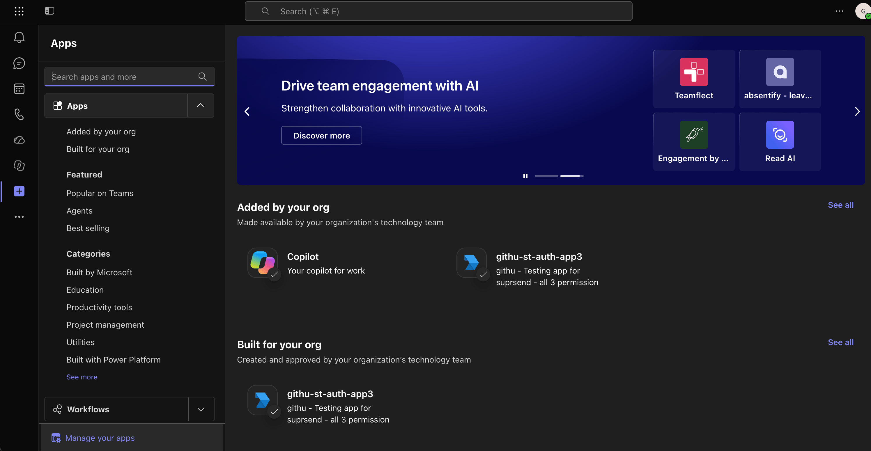 Teams Apps page showing the app under Added by your org