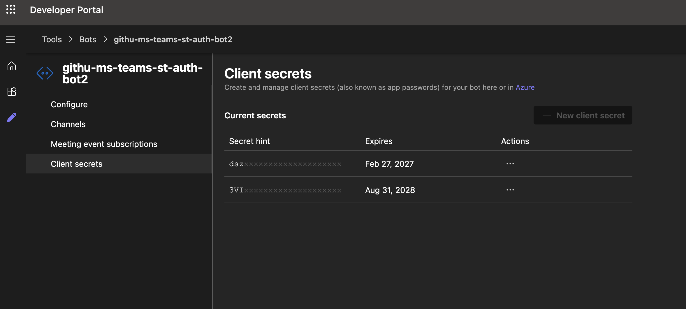Create a client secret on the bot configuration page