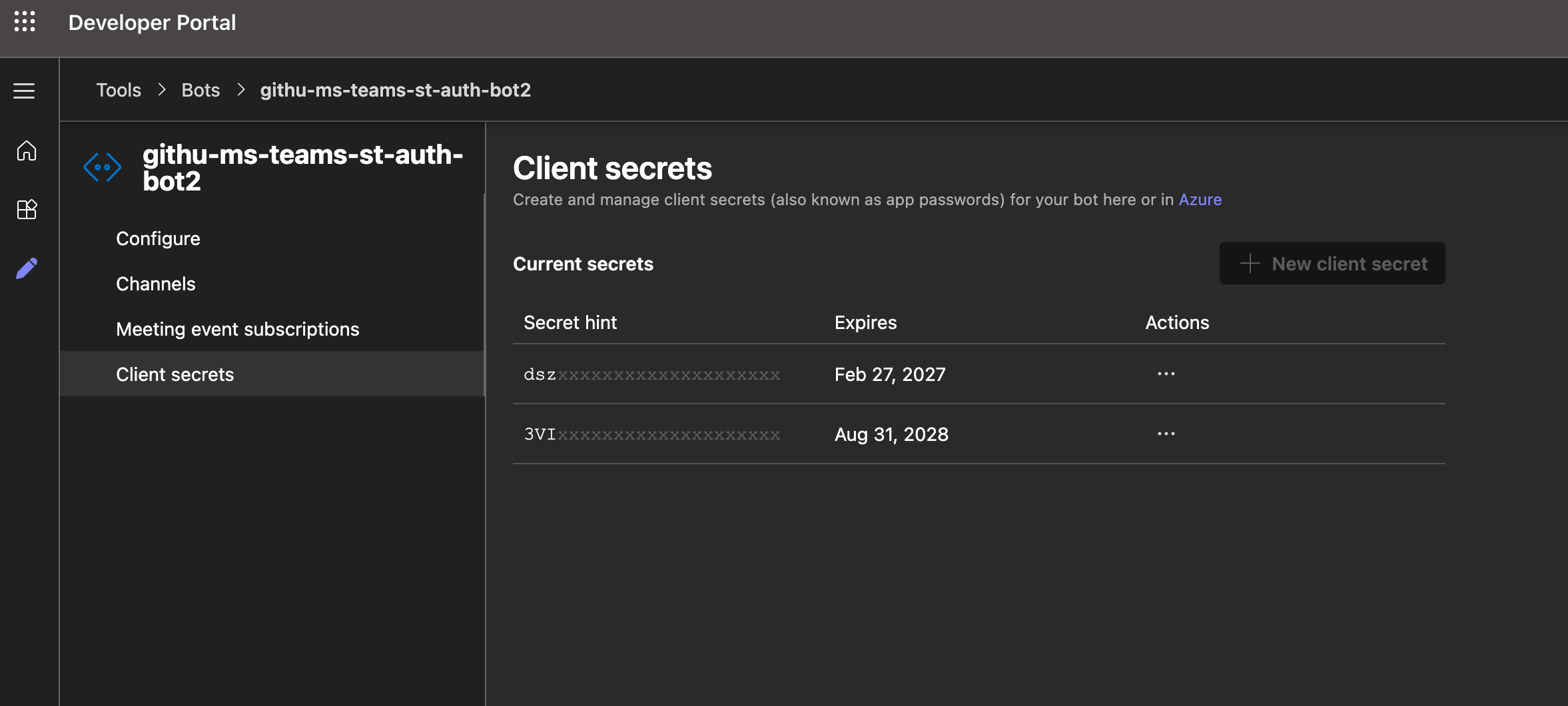 Create a client secret on the bot configuration page