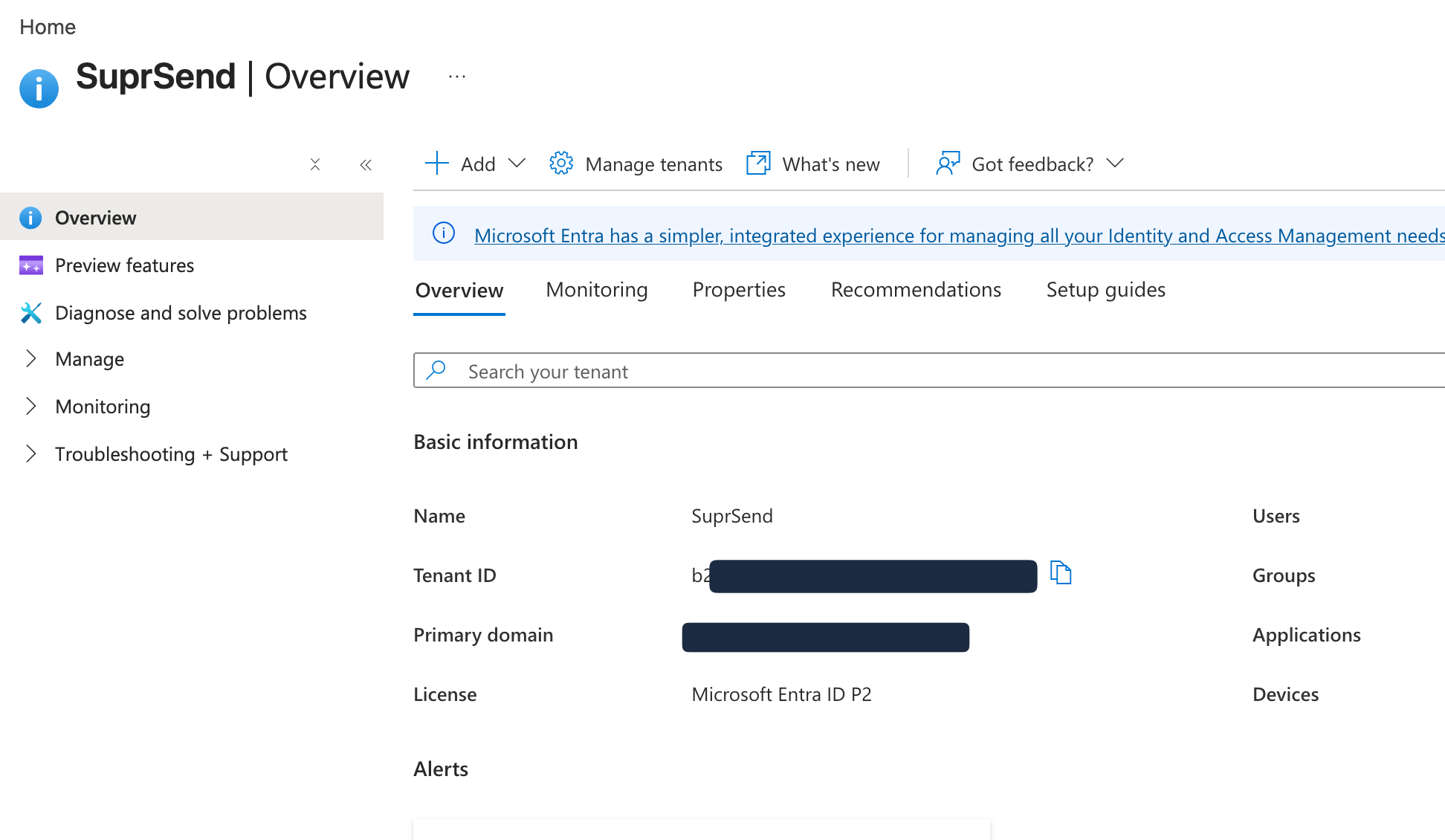 Microsoft Entra ID Overview showing Directory tenant ID