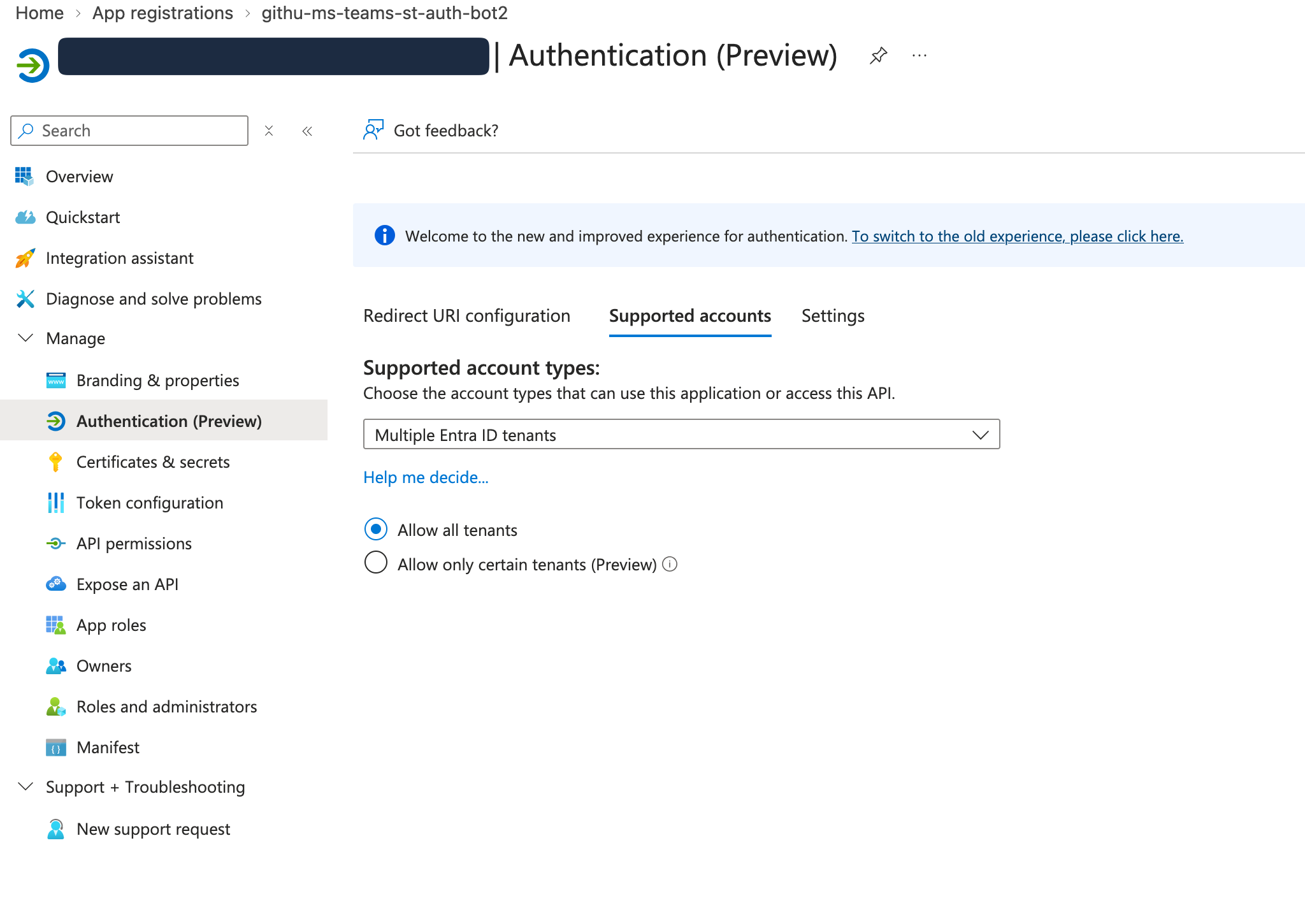 Azure Authentication supported account types set to Multiple Entra ID tenants