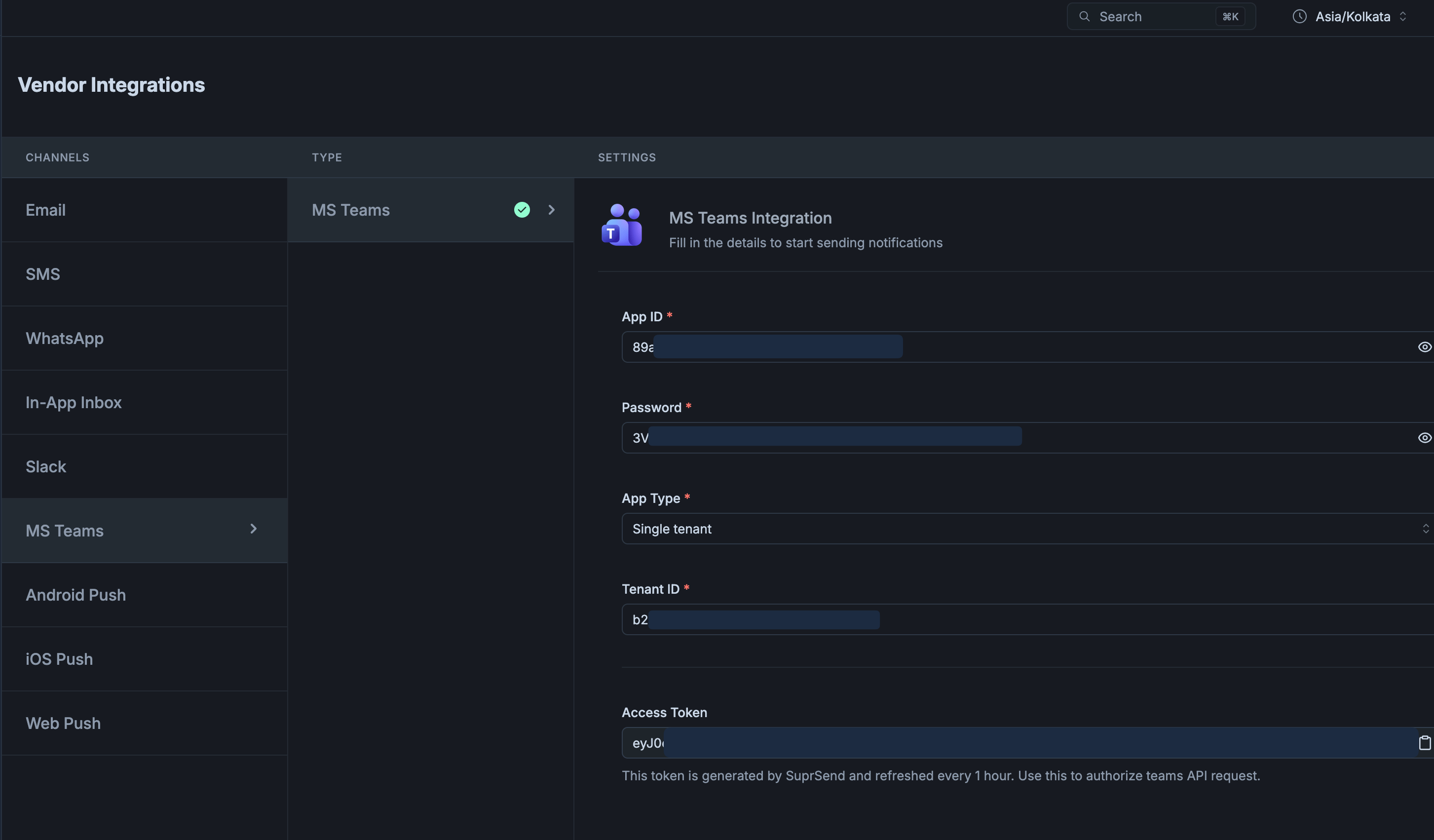 SuprSend Microsoft Teams vendor form with App Type and Tenant ID