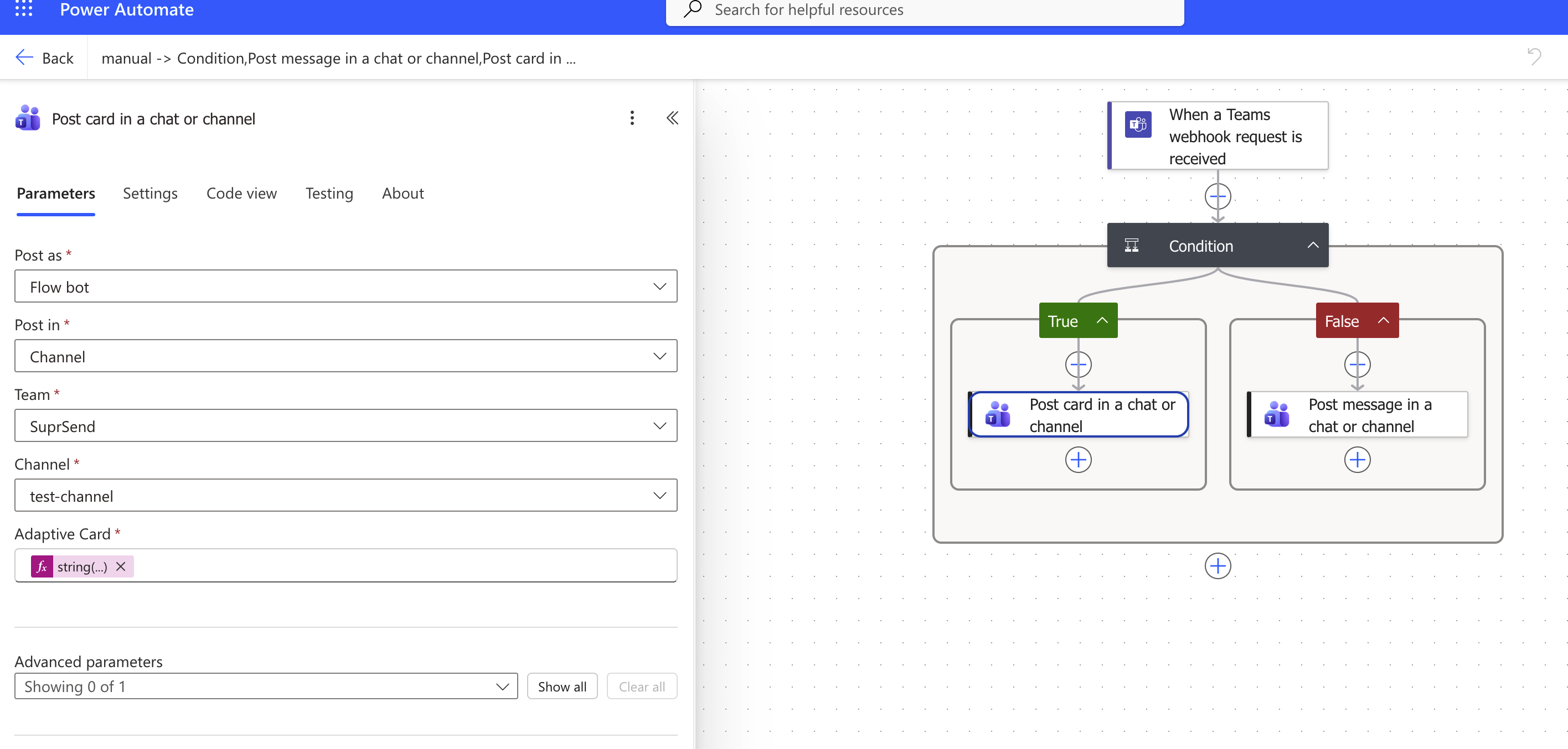Power Automate flow that posts Adaptive Cards or plain text from a Teams webhook