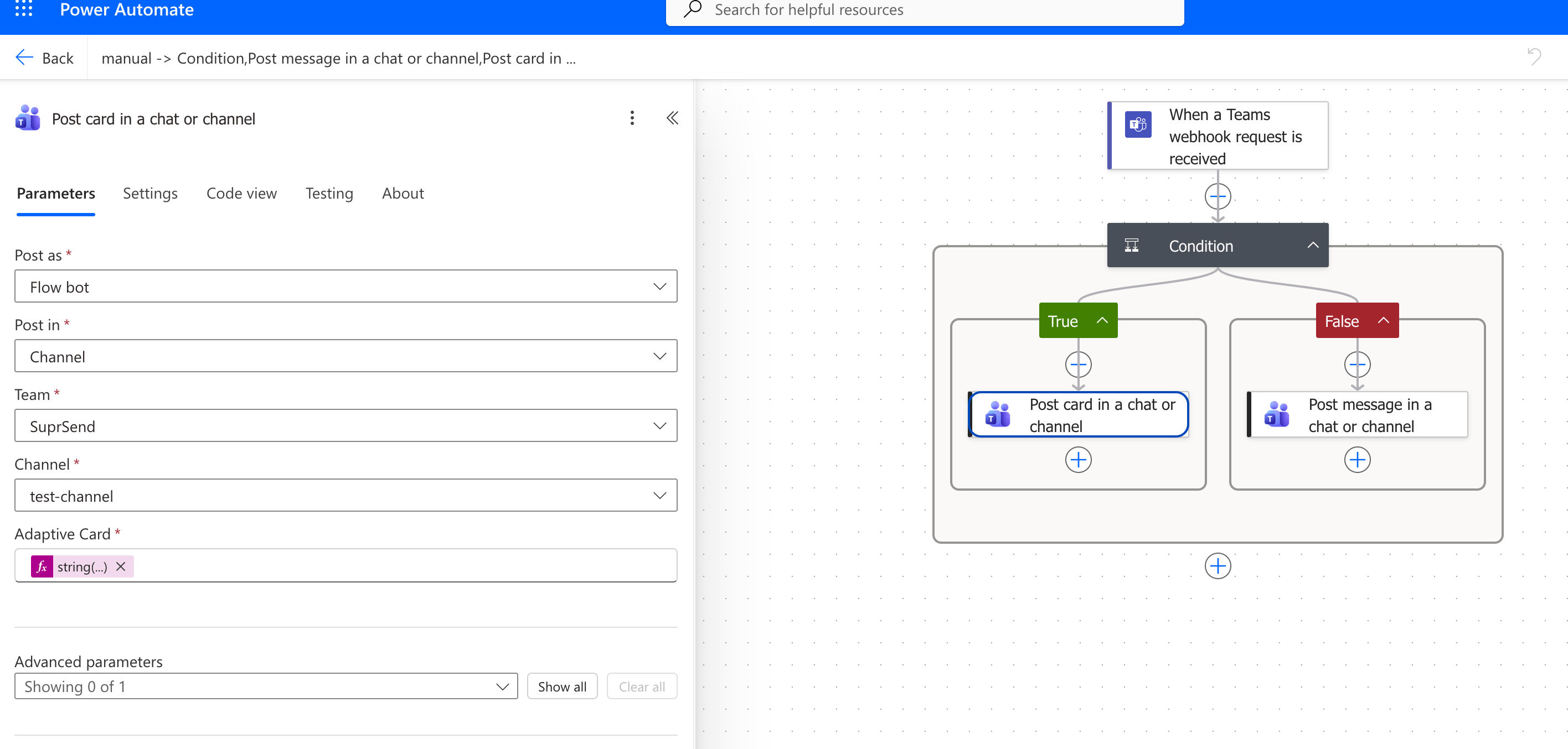Power Automate flow that posts Adaptive Cards or plain text from a Teams webhook