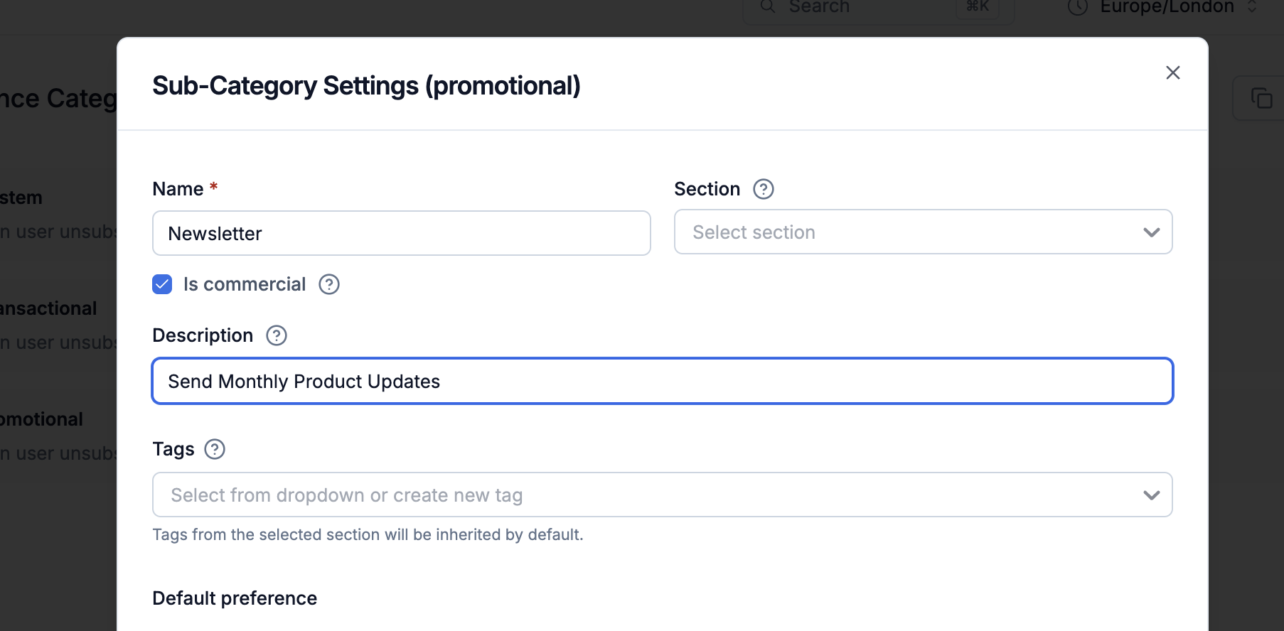 Sub-category settings with the Is commercial checkbox selected