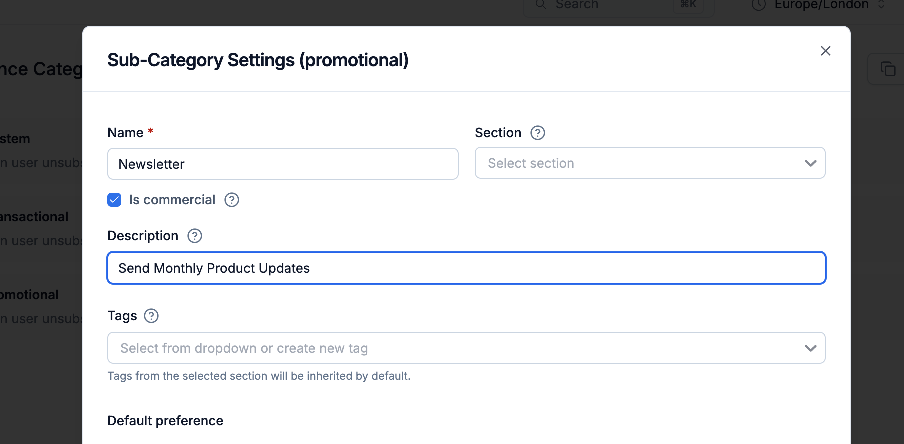 Sub-category settings with the Is commercial checkbox selected