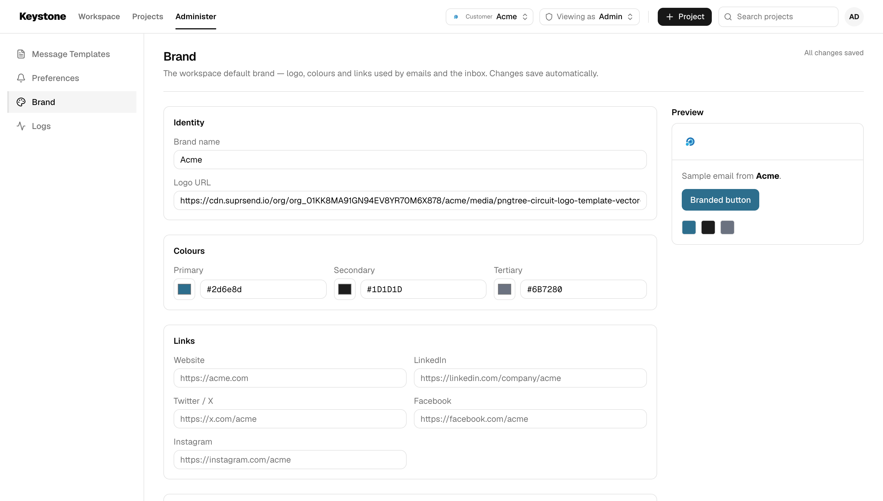 Brand settings with name, logo, colours, links and a live email preview