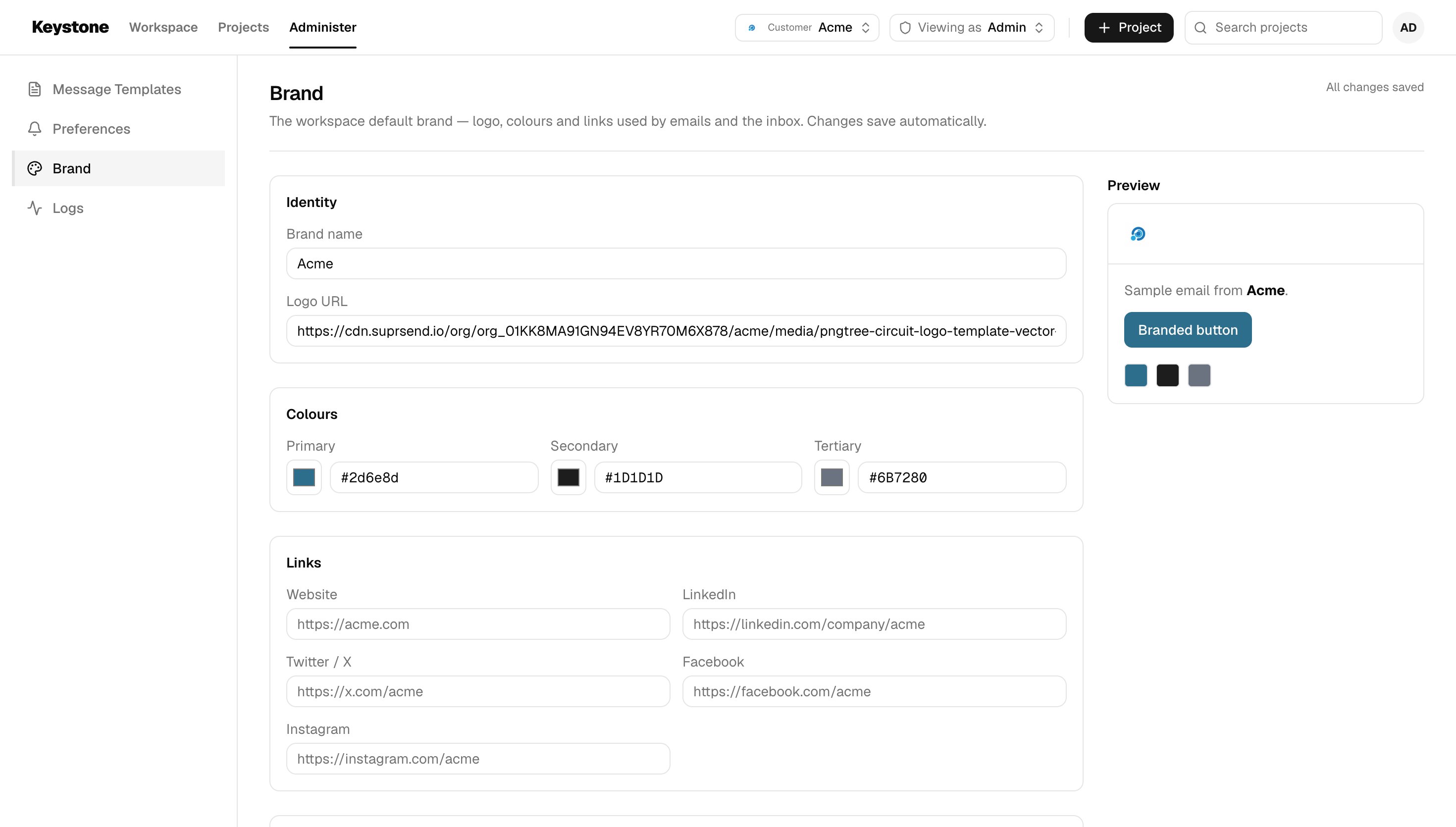 Brand settings with name, logo, colours, links and a live email preview