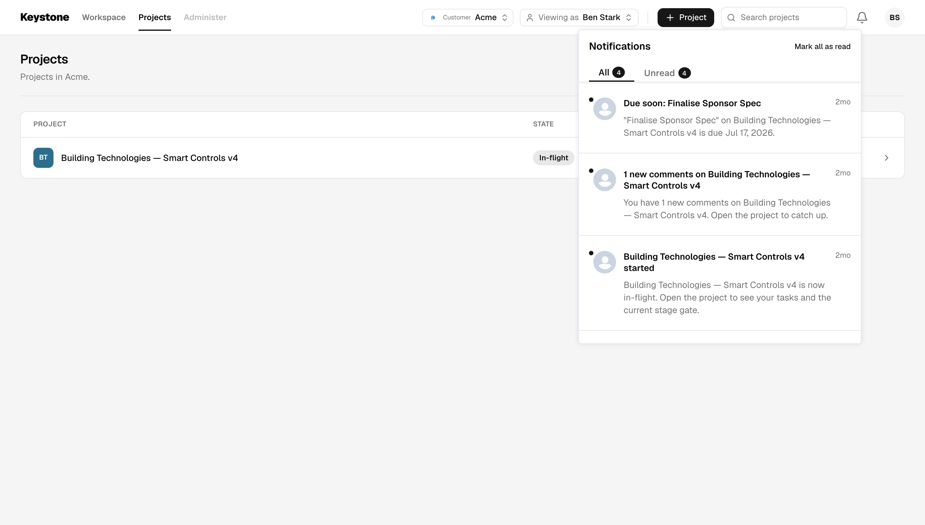 Inbox popover viewing as Ben Stark, with task, comment and project-started notifications