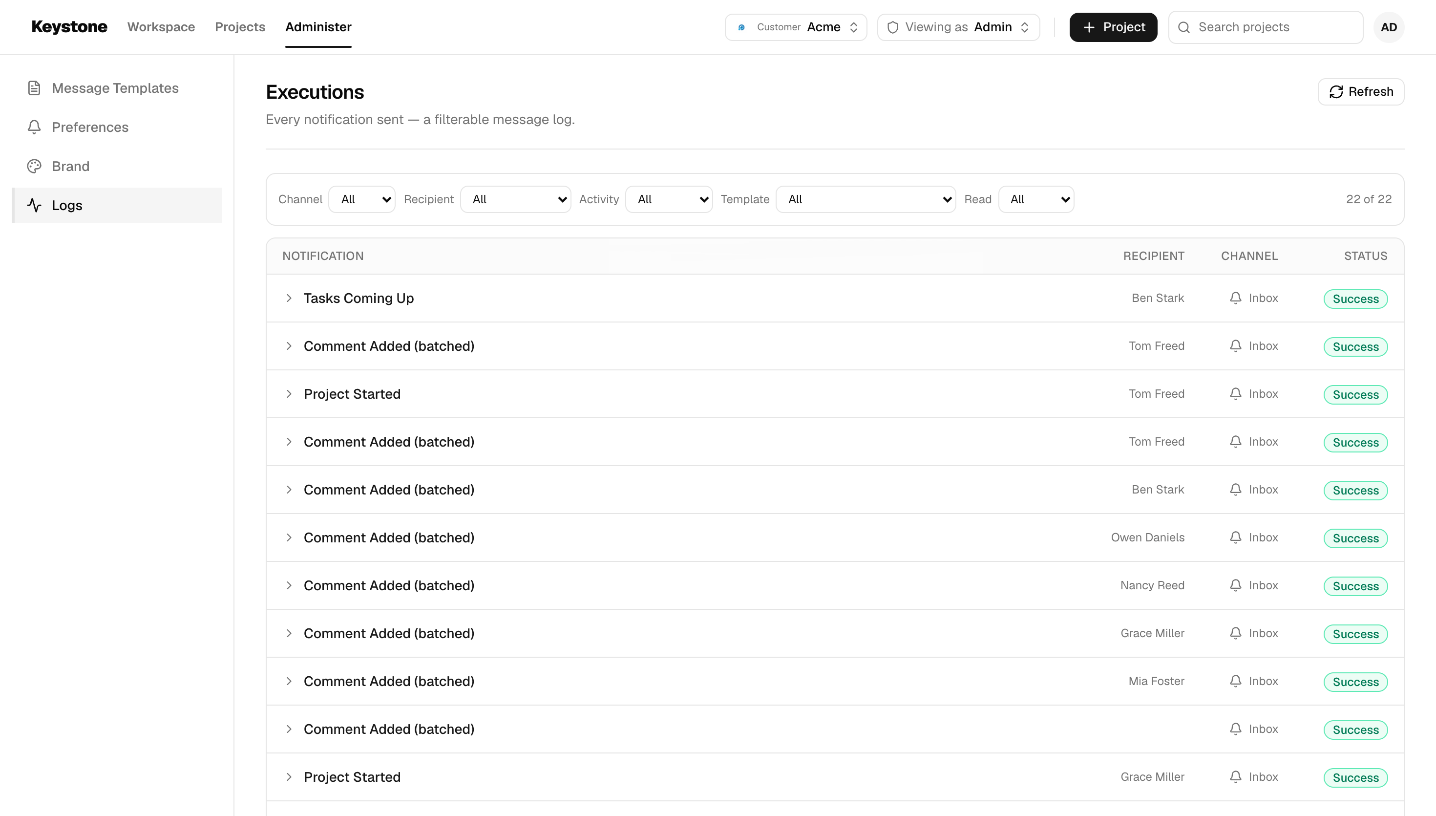 Logs listing sent notifications with recipient, channel and status, with filters above
