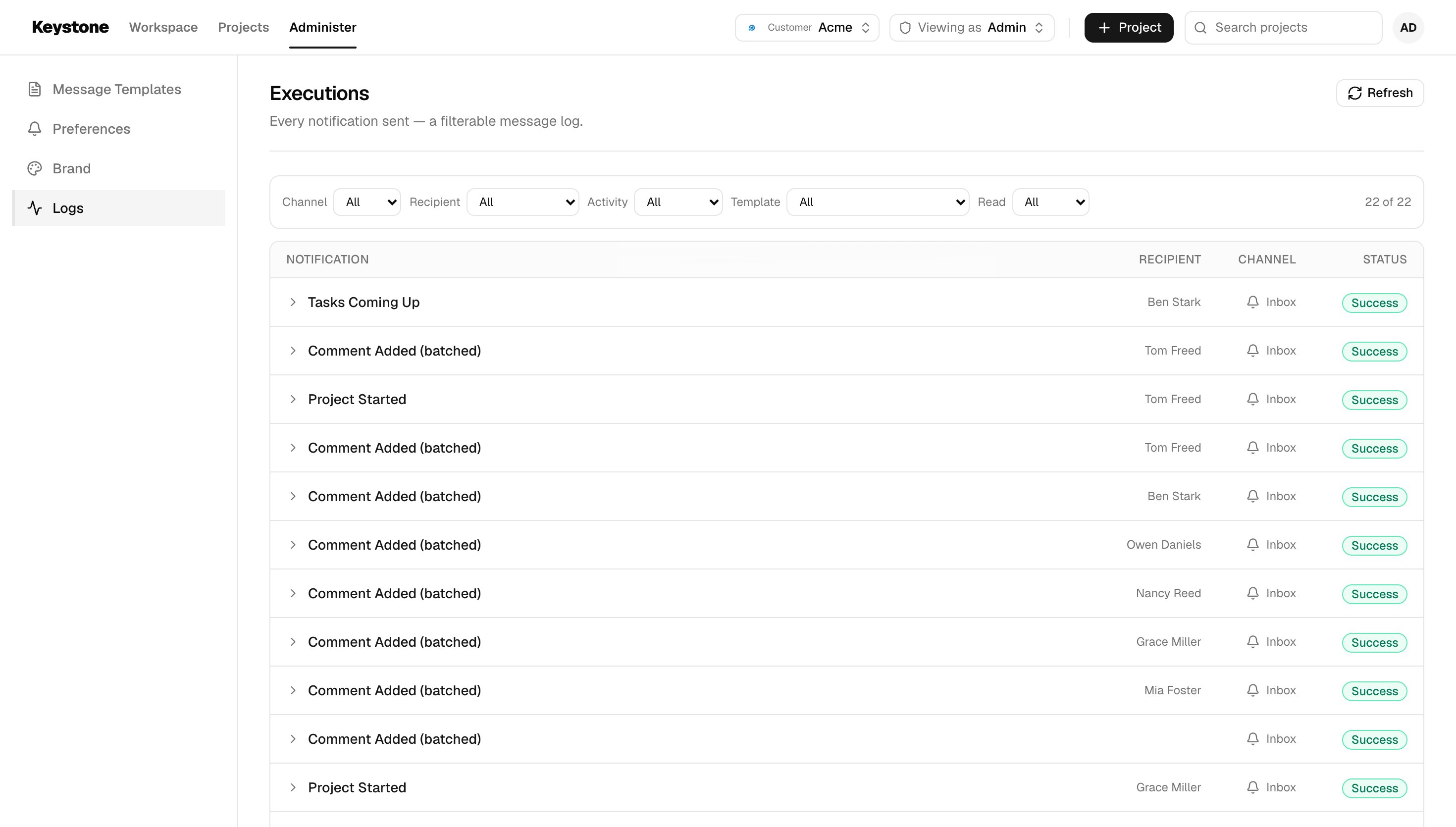 Logs listing sent notifications with recipient, channel and status, with filters above