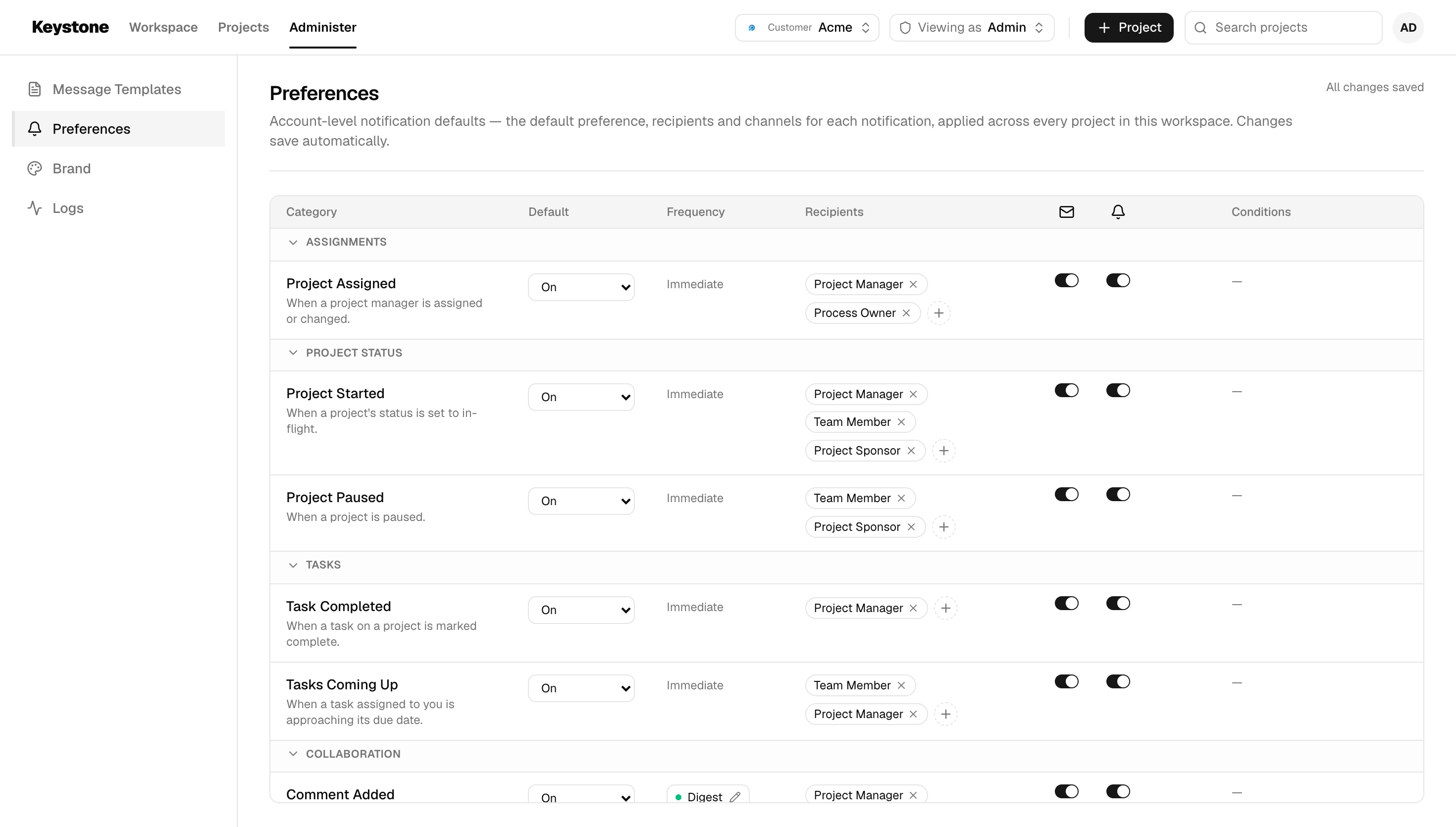 Preferences with each notification's default, frequency, recipient roles and channels
