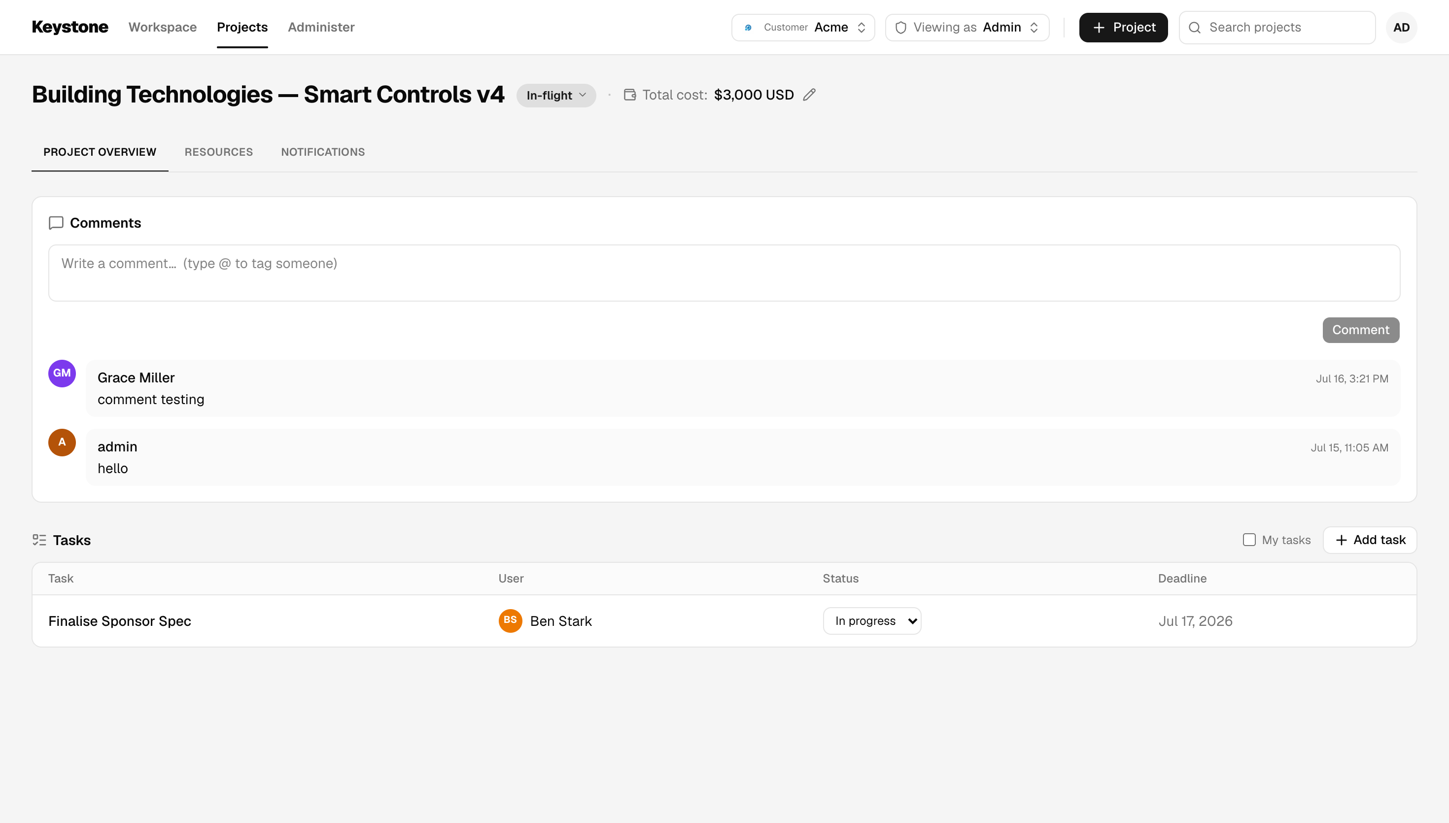 Project Overview with the state, total cost, comments and a task