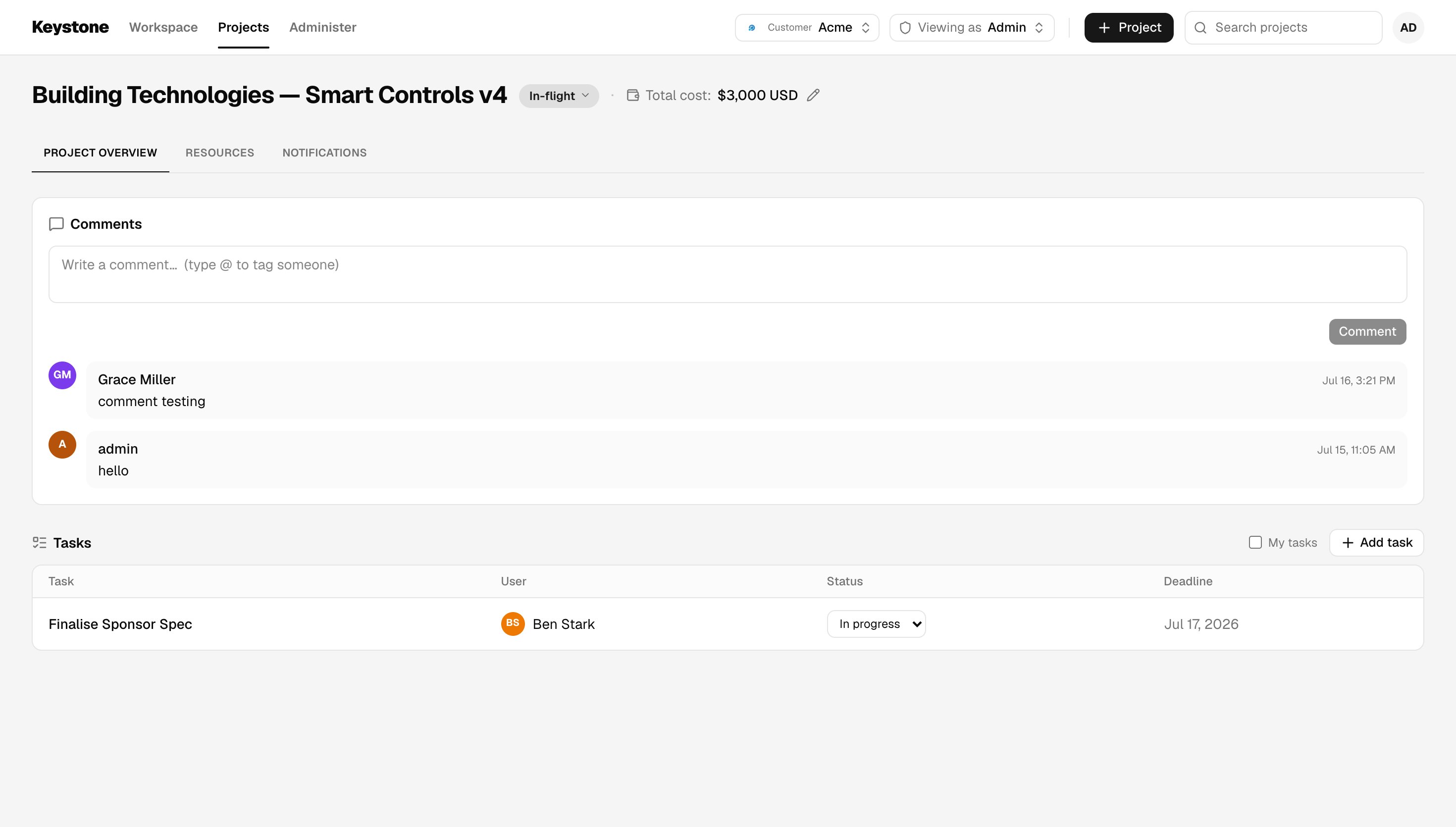 Project Overview with the state, total cost, comments and a task