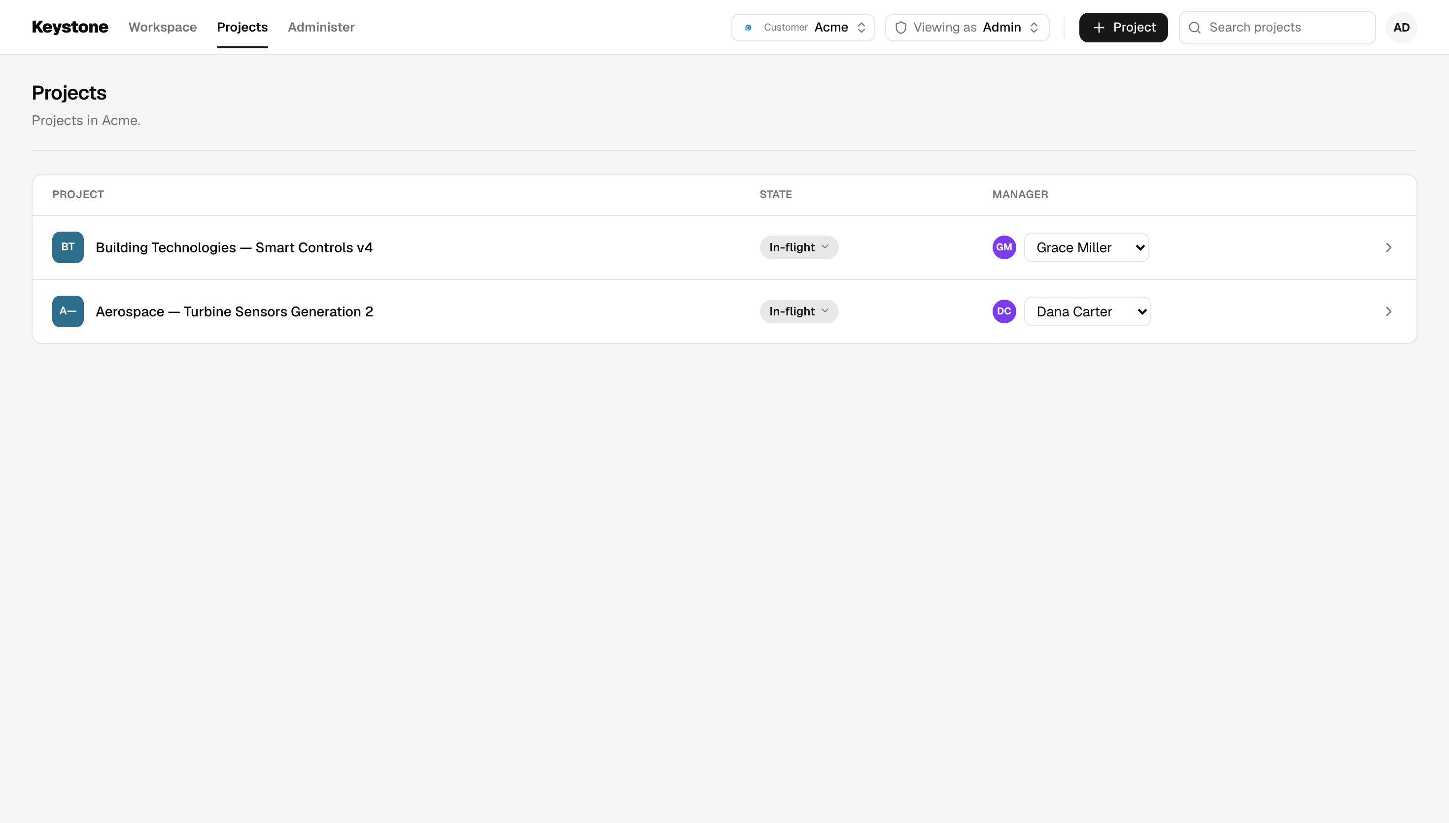 Projects list in Acme showing each project's state and manager