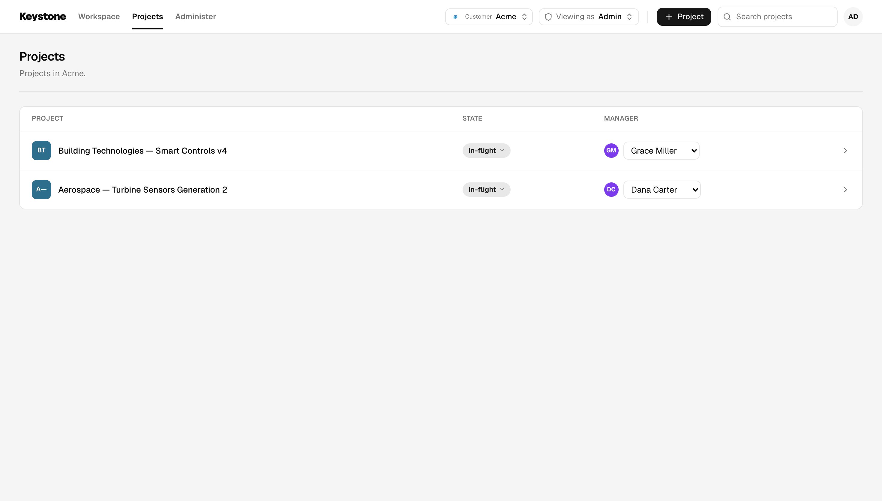 Projects list in Acme showing each project's state and manager