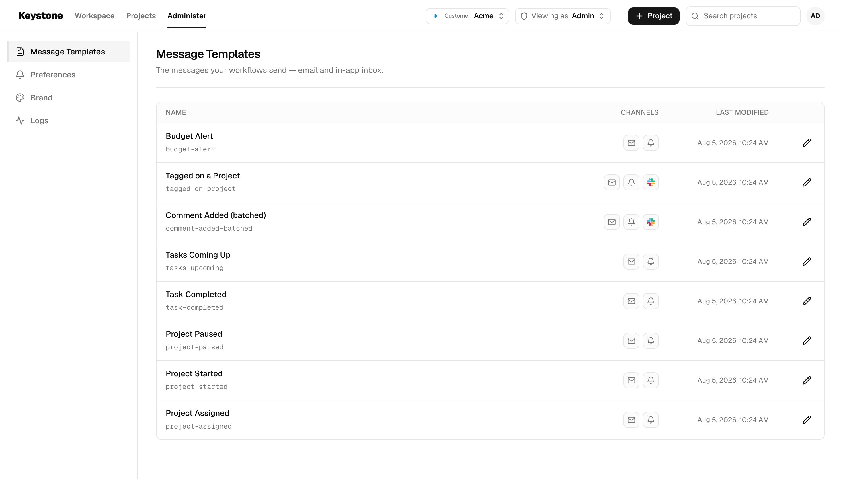 Message Templates list with each template's channels and last-modified date
