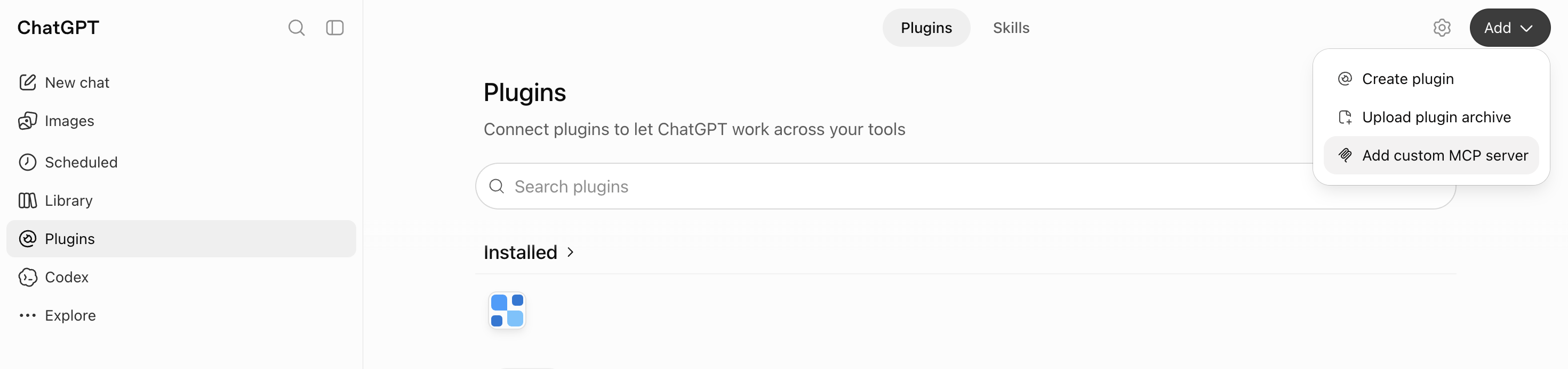 ChatGPT Plugins page with the Add menu open and Add custom MCP server highlighted