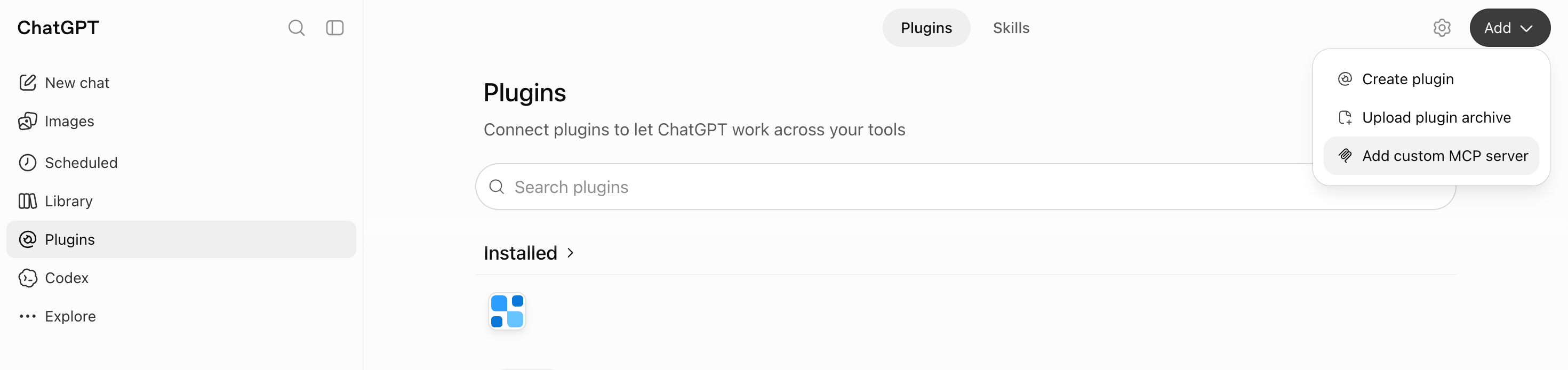 ChatGPT Plugins page with the Add menu open and Add custom MCP server highlighted