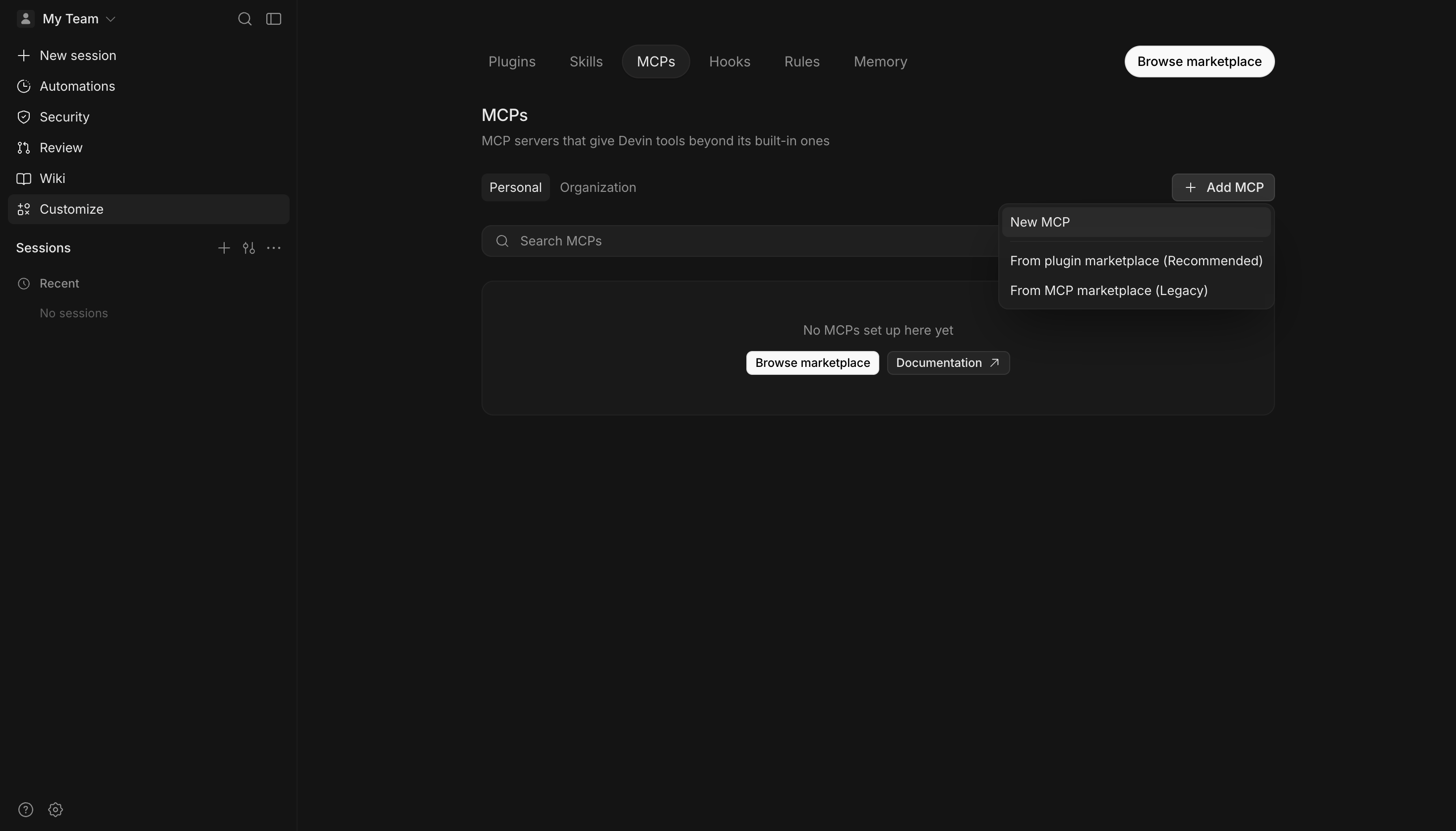 Devin Customize page on the MCPs tab, with the Add MCP menu open and New MCP highlighted
