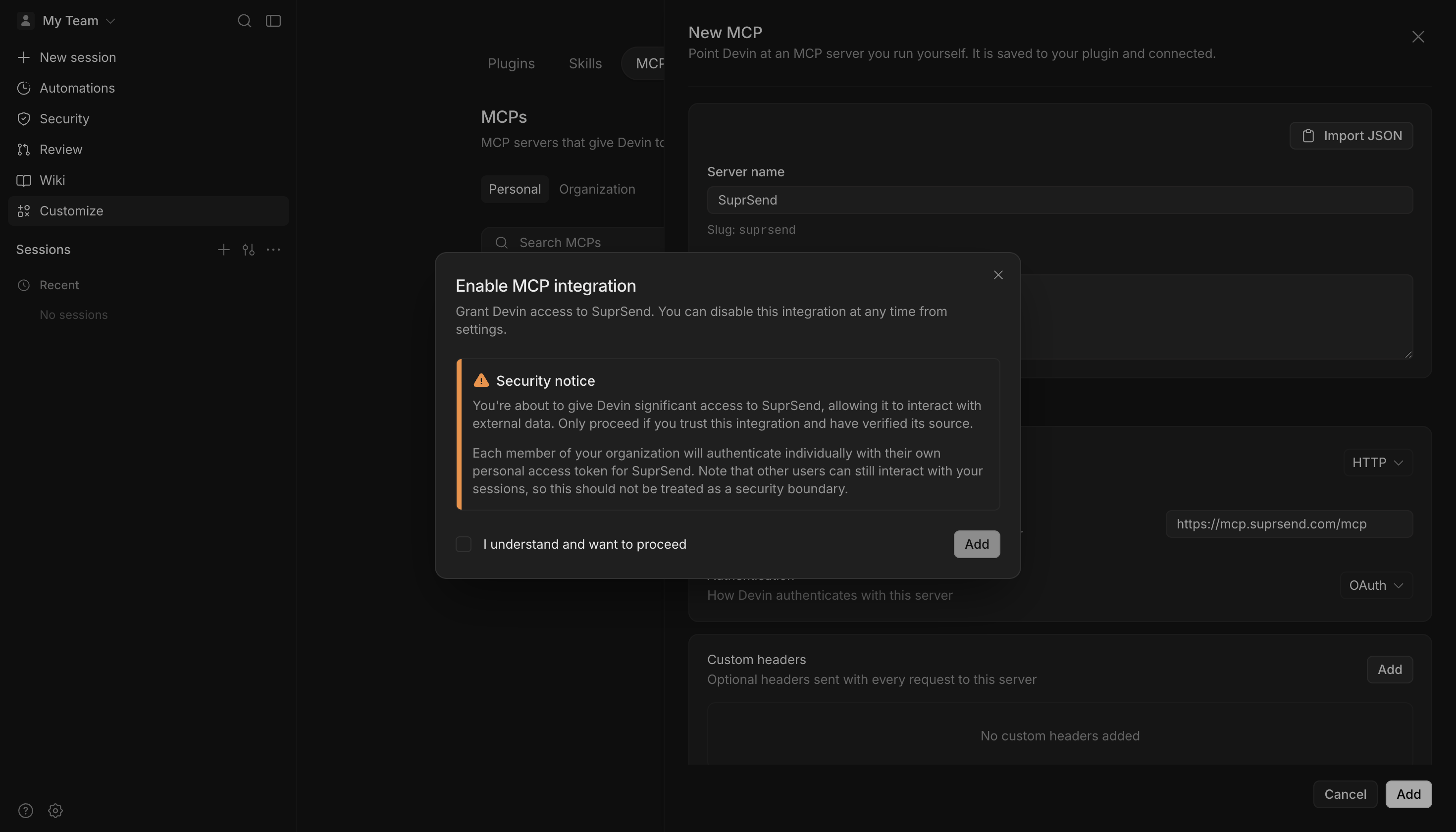 Devin Enable MCP integration dialog with a security notice and the I understand and want to proceed checkbox