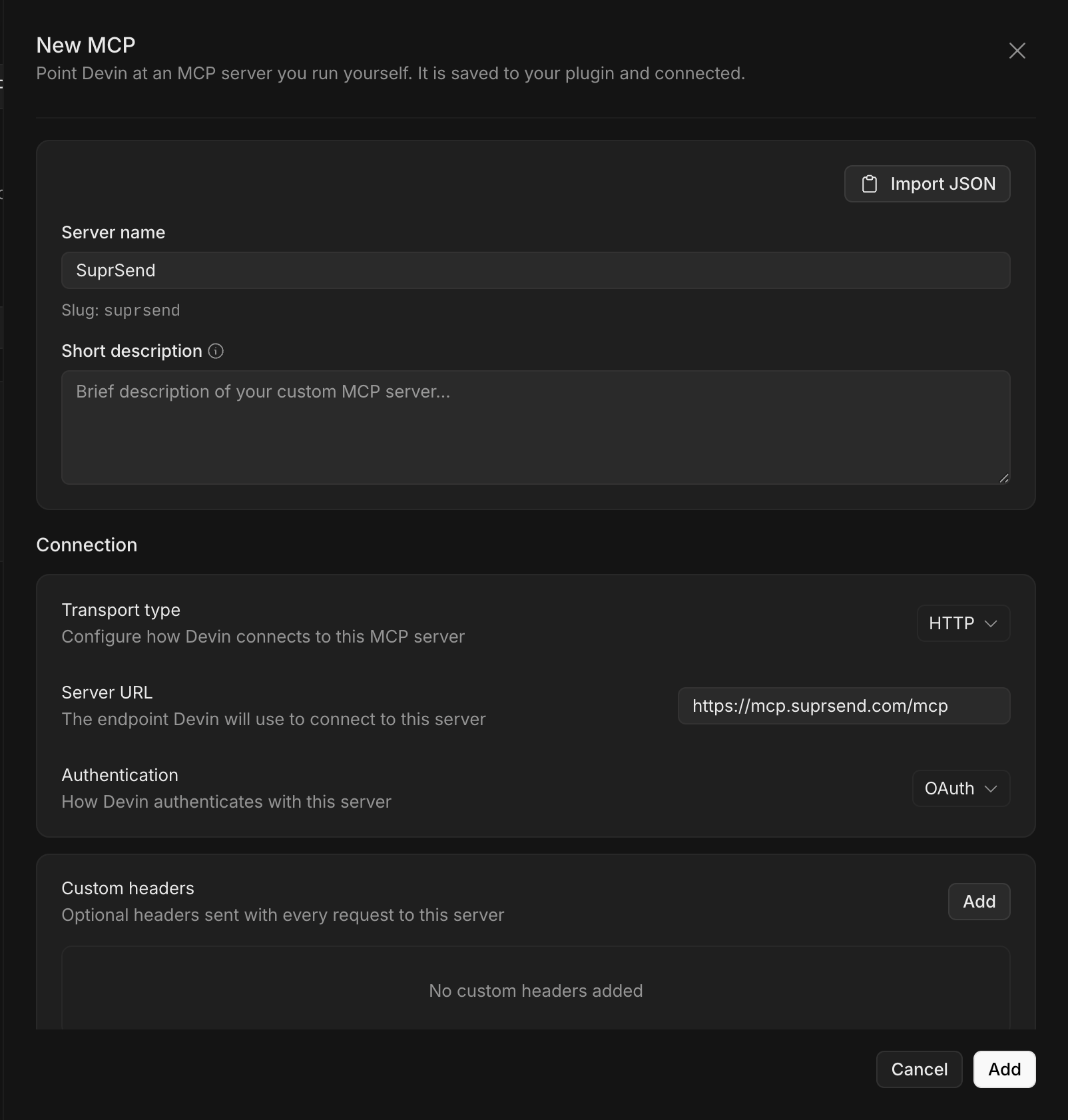 Devin New MCP form with Server name SuprSend, Transport type HTTP, Server URL https://mcp.suprsend.com/mcp and Authentication OAuth