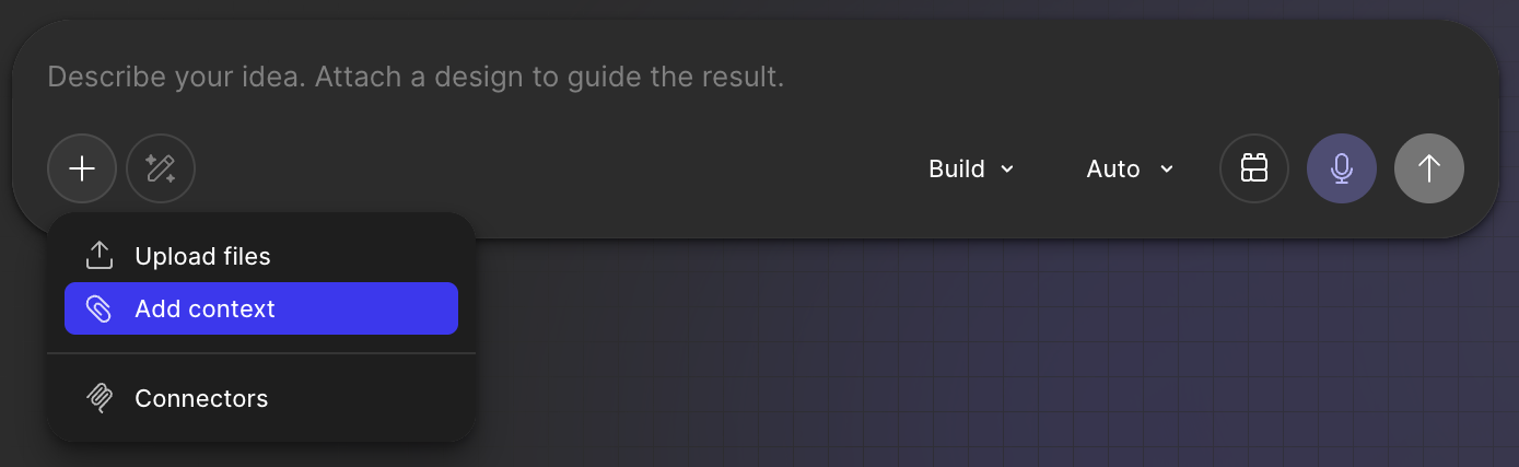Figma Make prompt box with the + menu open and Add context highlighted