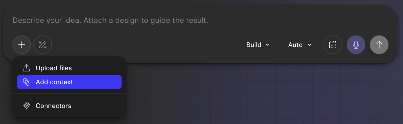 Figma Make prompt box with the + menu open and Add context highlighted