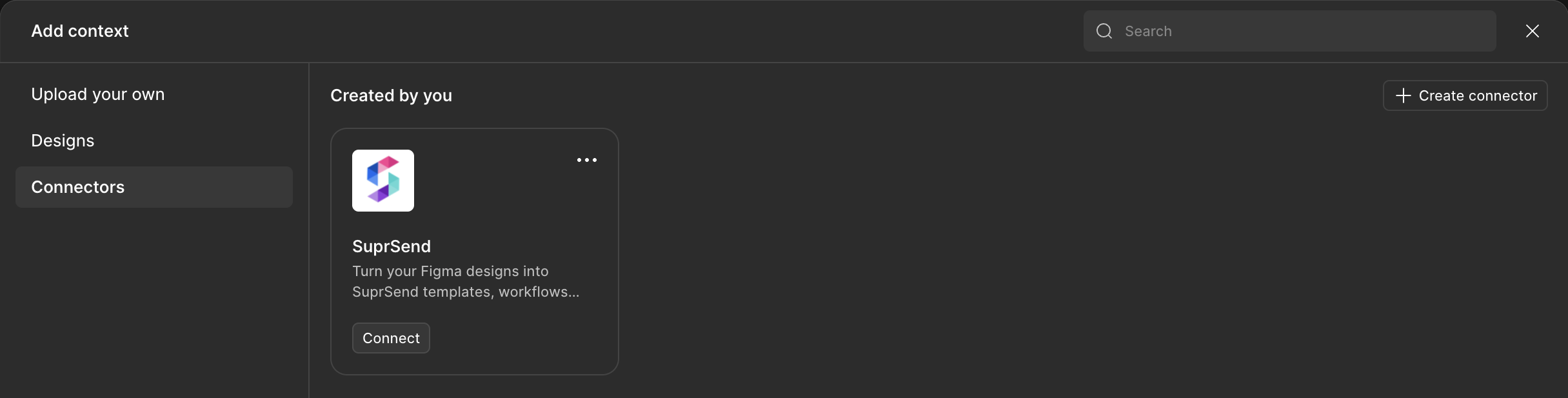 SuprSend connector card under Created by you with a Connect button