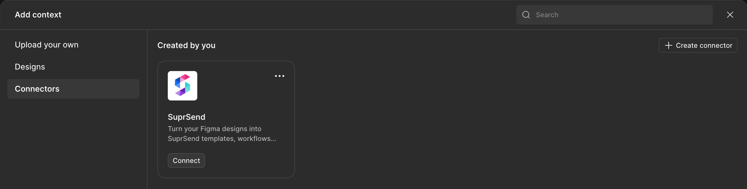 SuprSend connector card under Created by you with a Connect button