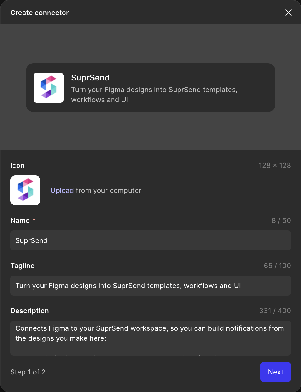 Create connector step 1 with Icon, Name, Tagline and Description fields